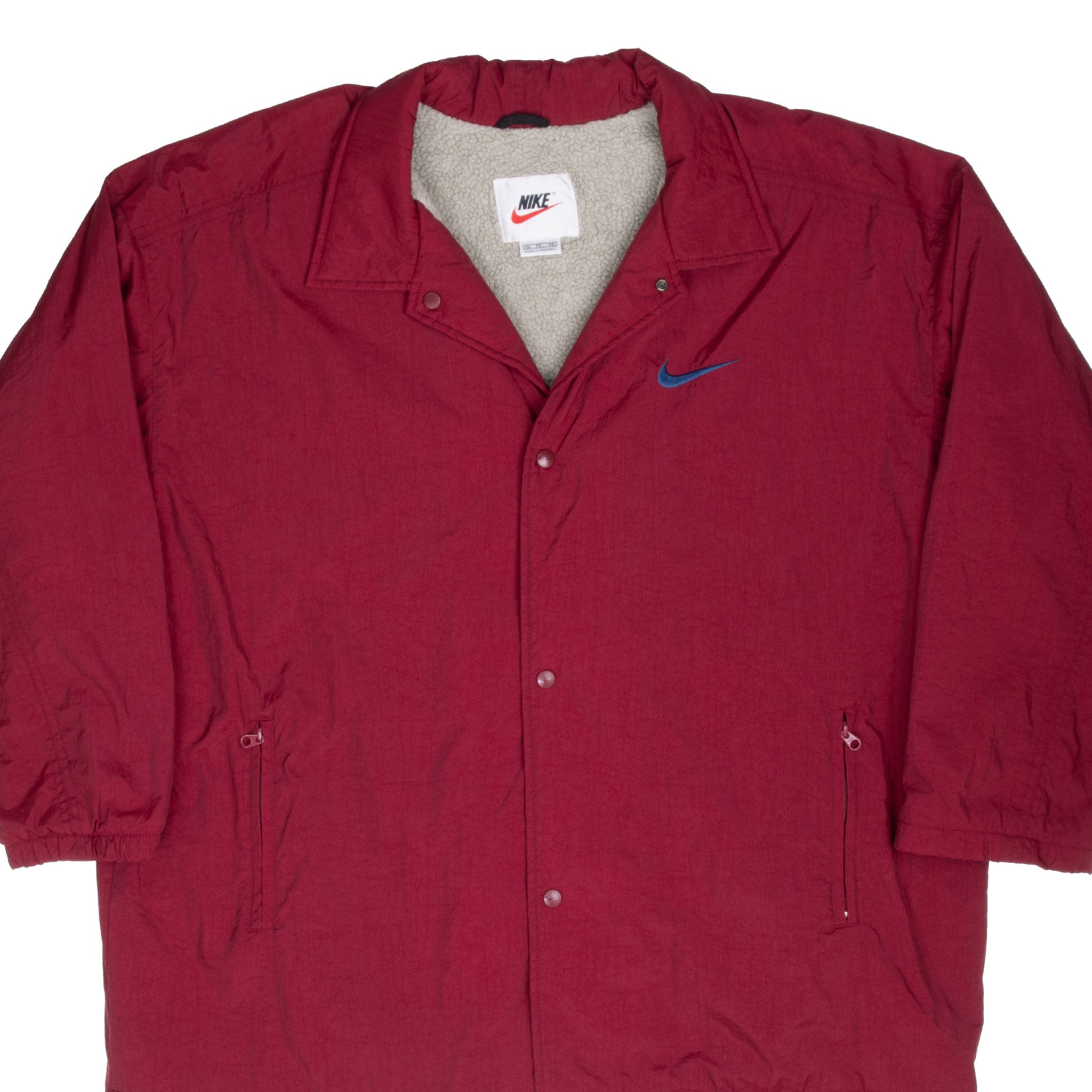 VINTAGE NIKE SPELLOUT SHERPA LINED BURGUNDY WINDBREAKER JACKET 1990S XL