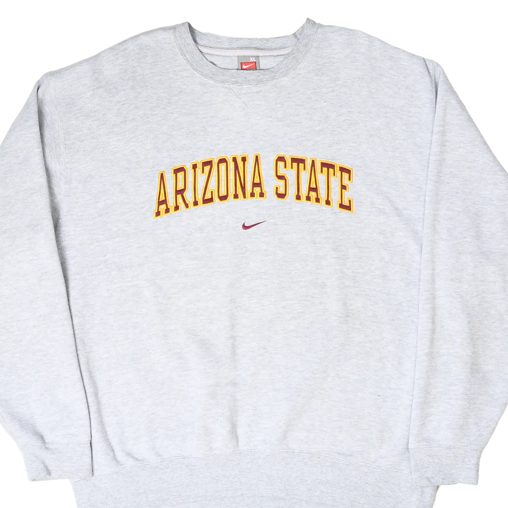 Front of gray Nike Arizona State sweatshirt with maroon and gold lettering and center Swoosh
