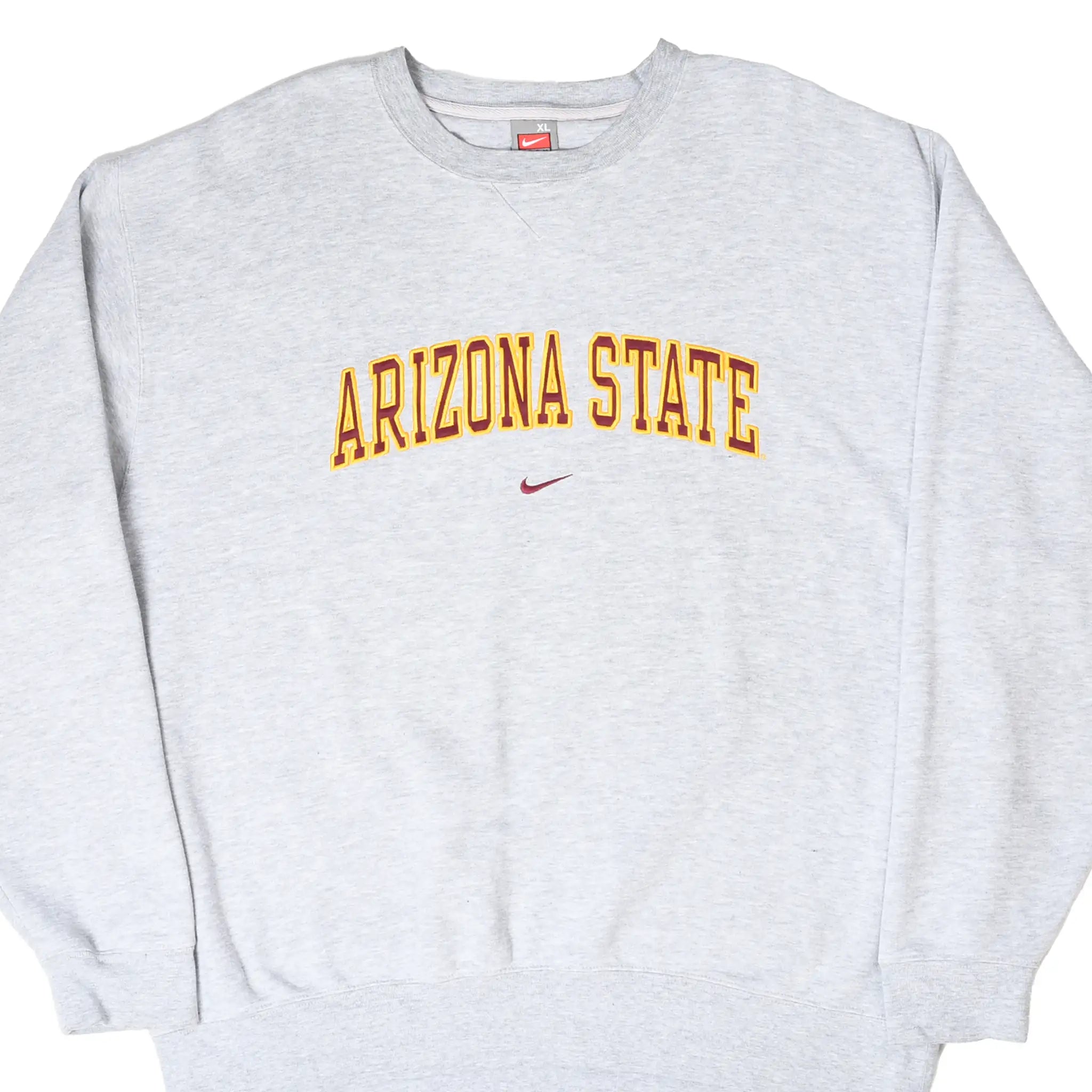 Front of gray Nike Arizona State sweatshirt with maroon and gold lettering and center Swoosh
