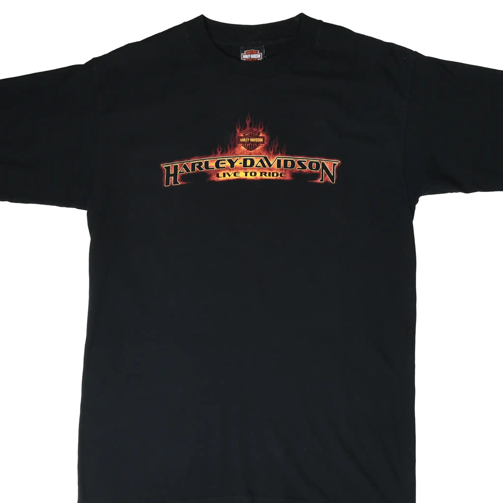 Front of black Harley-Davidson T-shirt with flaming Live to Ride chest graphic