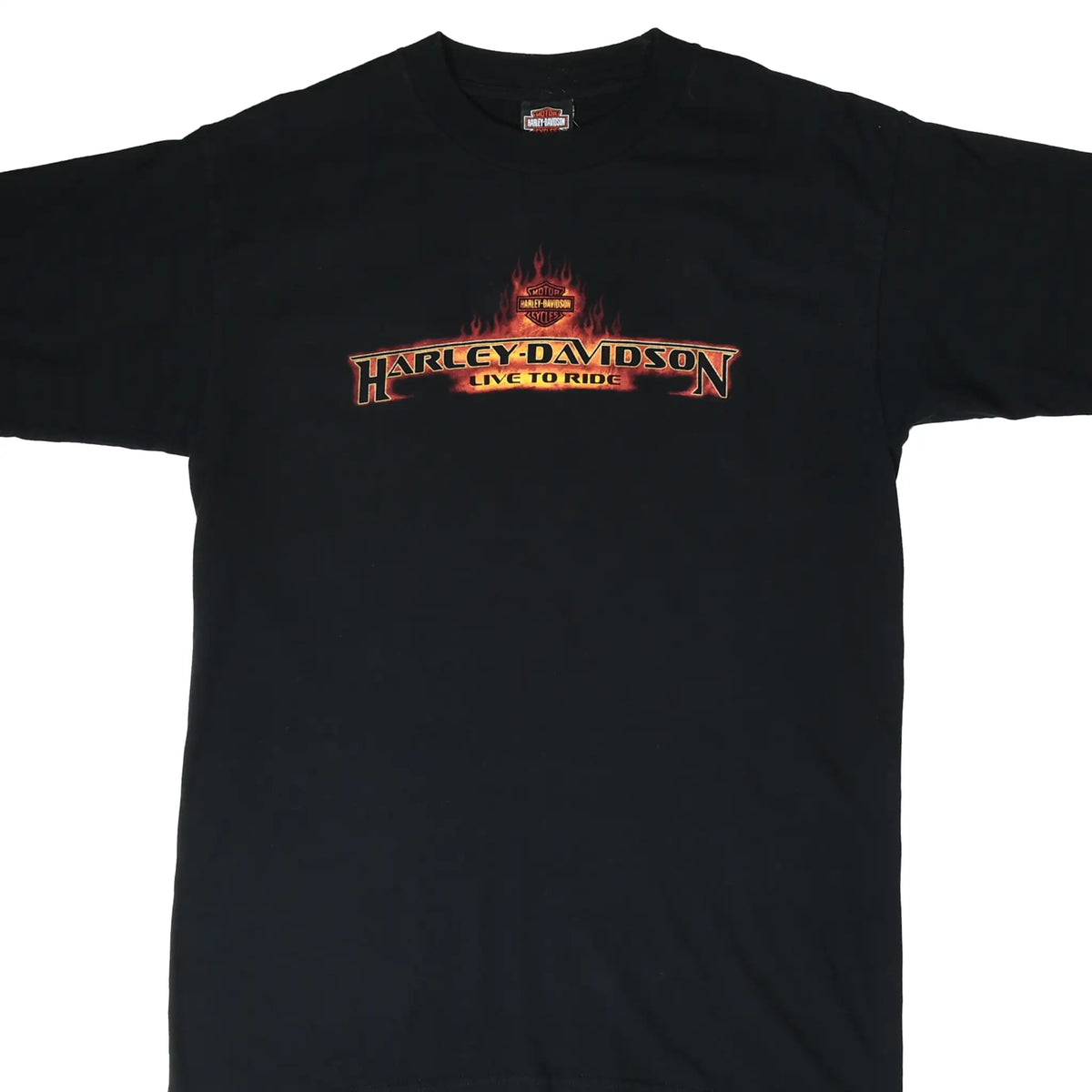 Front of black Harley-Davidson T-shirt with flaming Live to Ride chest graphic
