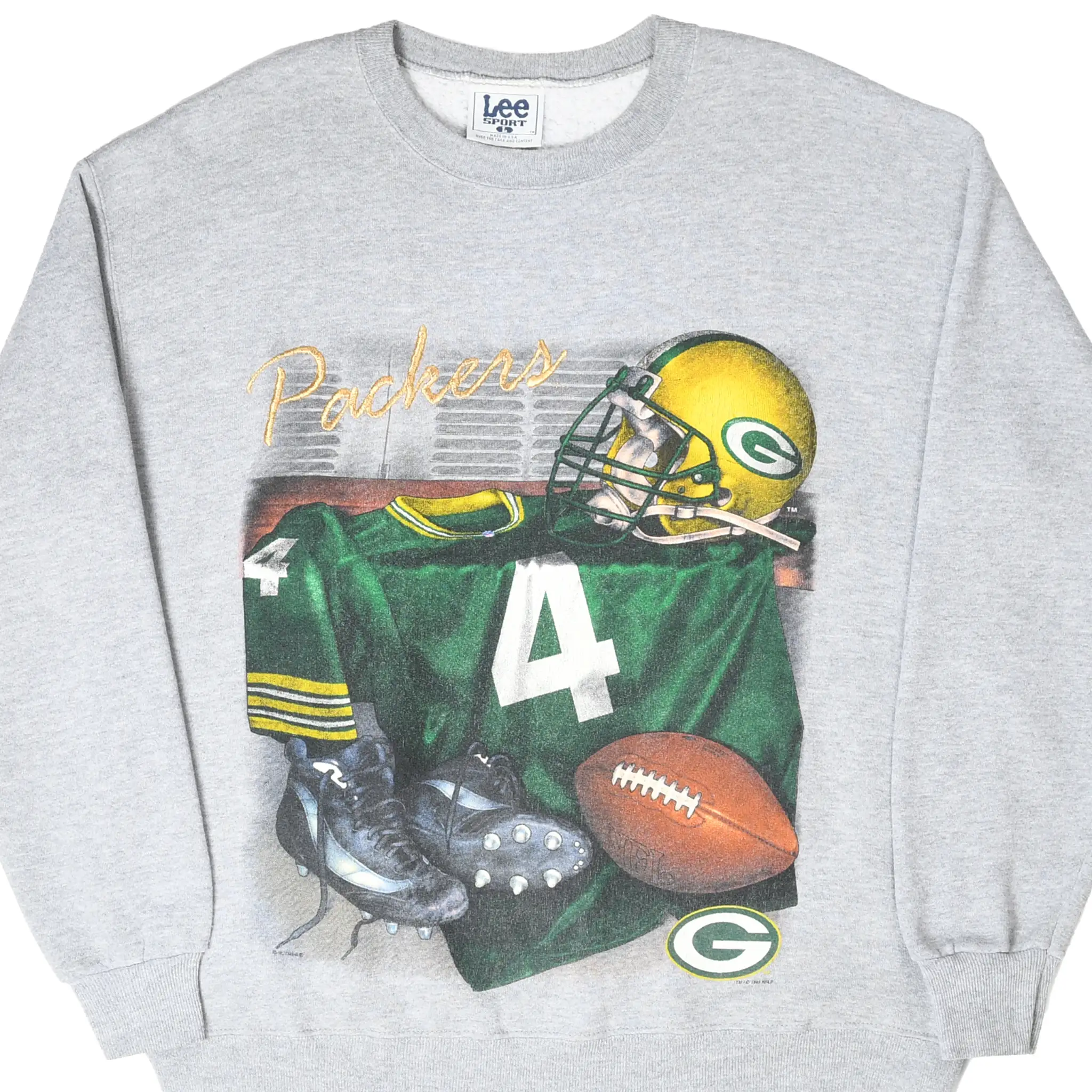 Front of gray Lee Sport Packers sweatshirt with number 4 jersey, helmet, cleats and football graphic