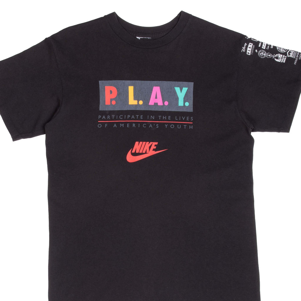 Vintage Nike Play Los Angeles Inner City Games 1995 Arnold Schwarzenegger Black Tee Shirt Size Medium With Single Stitch Sleeves
