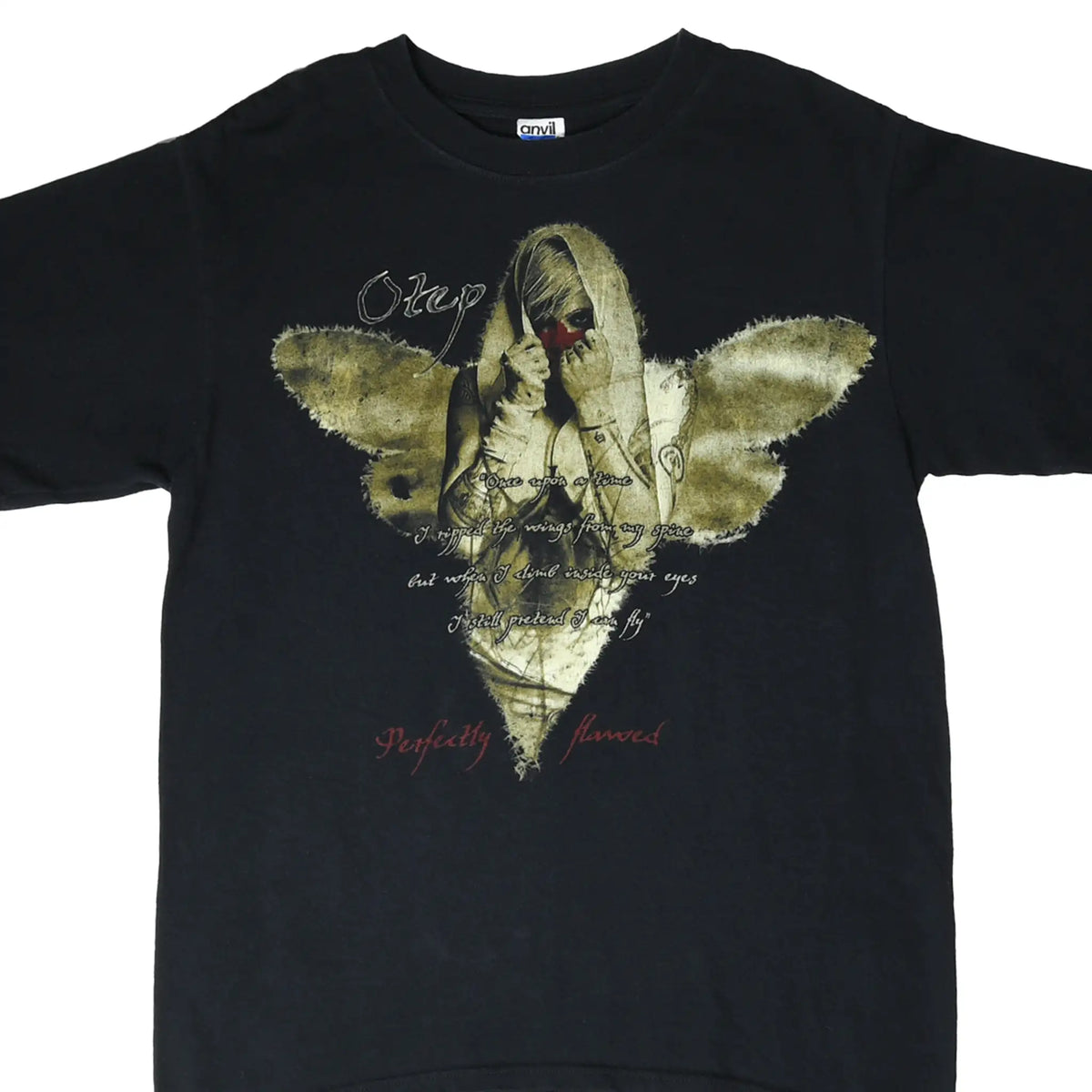 Front of black Otep T-shirt with winged figure and Perfectly Flawed graphic