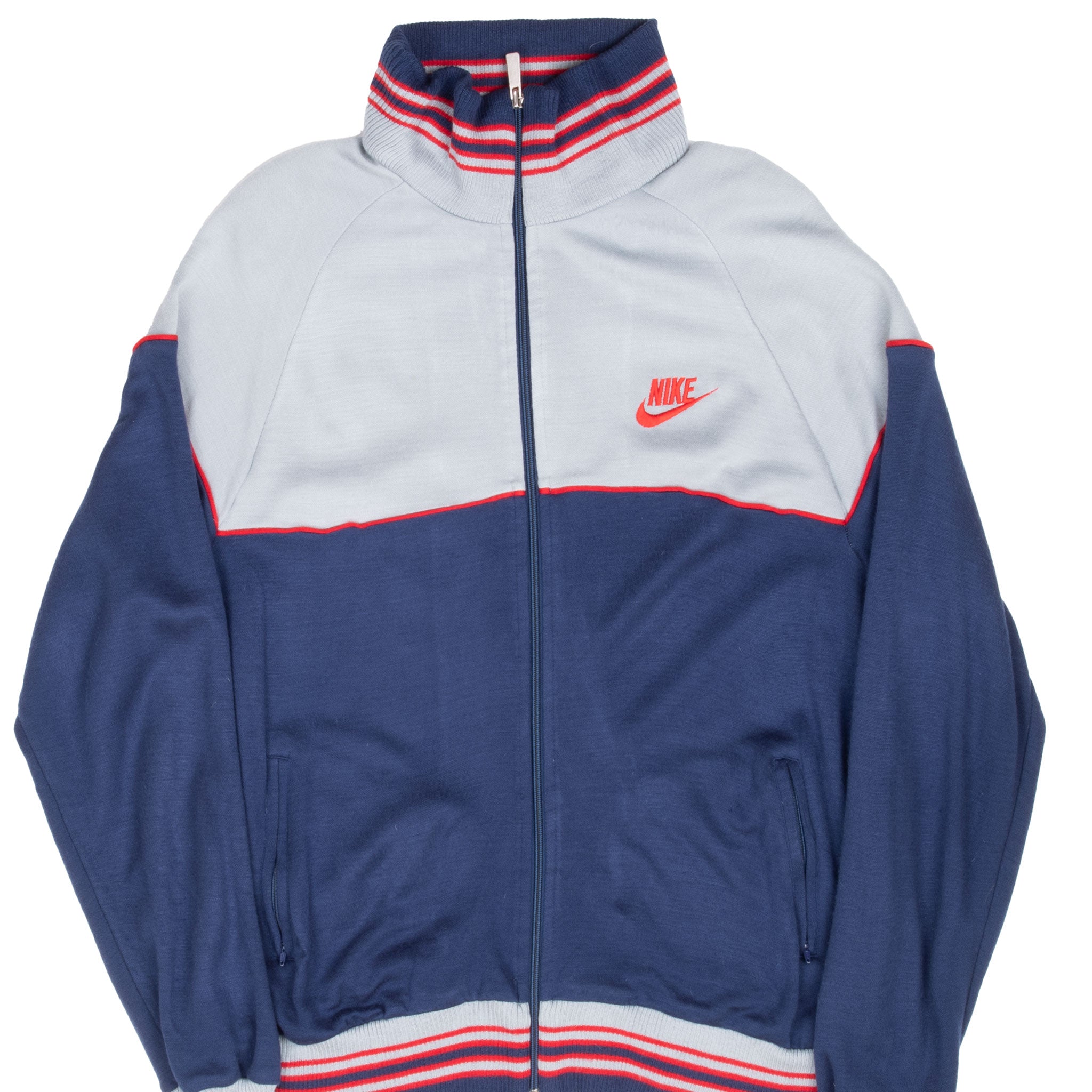 VINTAGE NIKE CLASSIC SWOOSH BLUE GREY FULL ZIP TRACKSUIT SWEATSHIRT 1980S XL