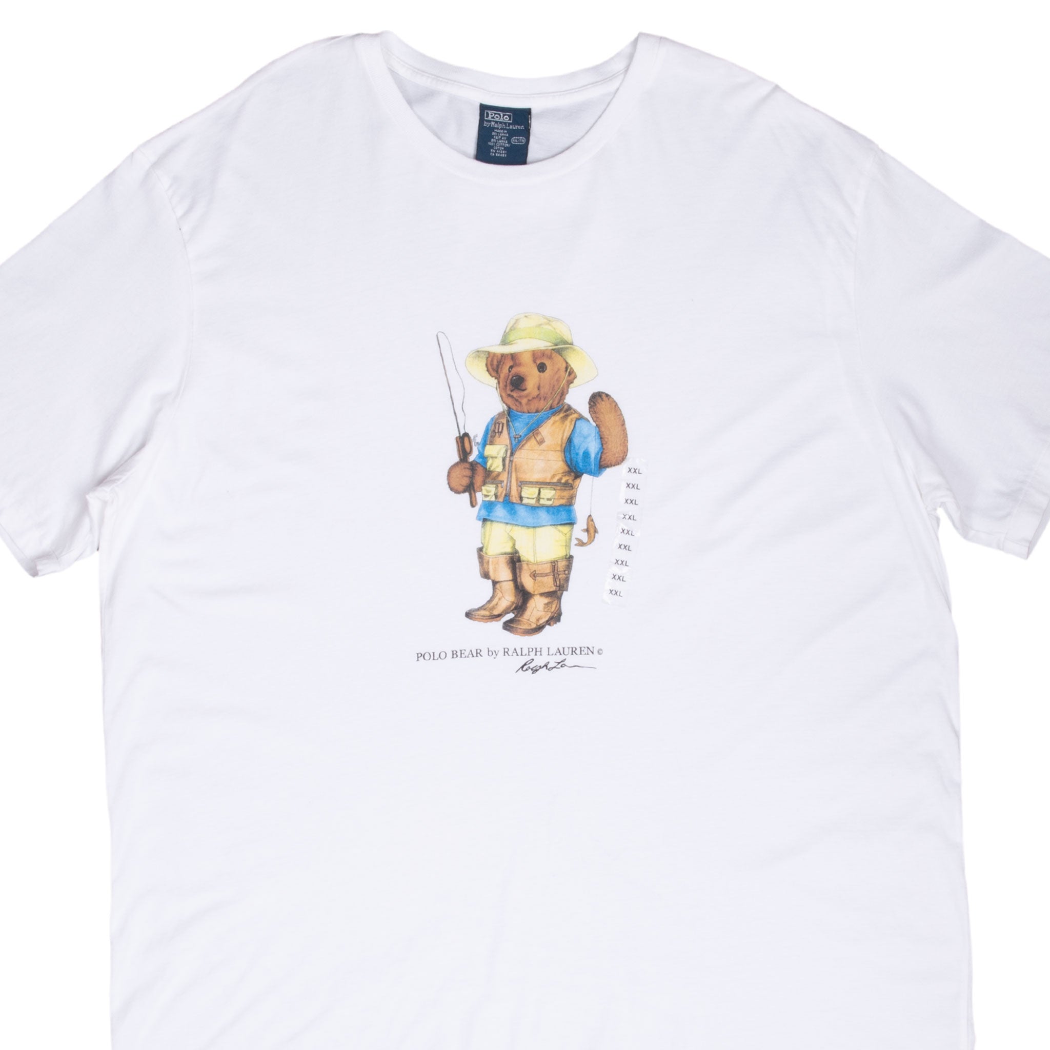 Vintage Ralph Lauren Polo Bear Fisherman White Tee Shirt 1990S Size 2XL With Single Stitch Sleeves Deadstock