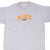 Front of grey Nike T-shirt with orange spellout and Swoosh chest graphic