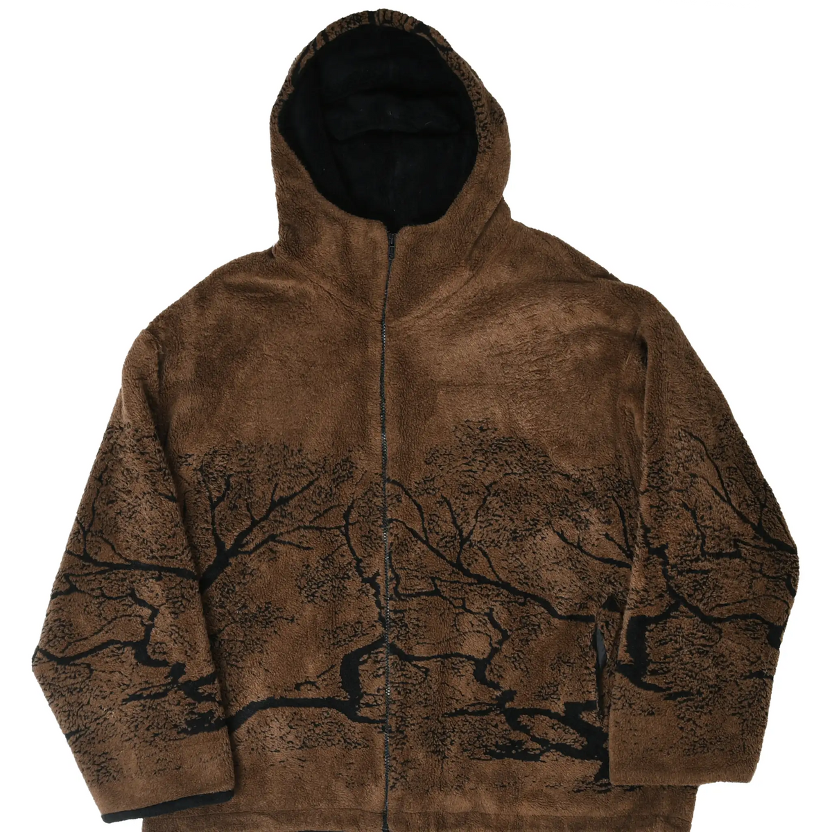 Front of brown Country Woods hooded fleece jacket with black forest and deer print