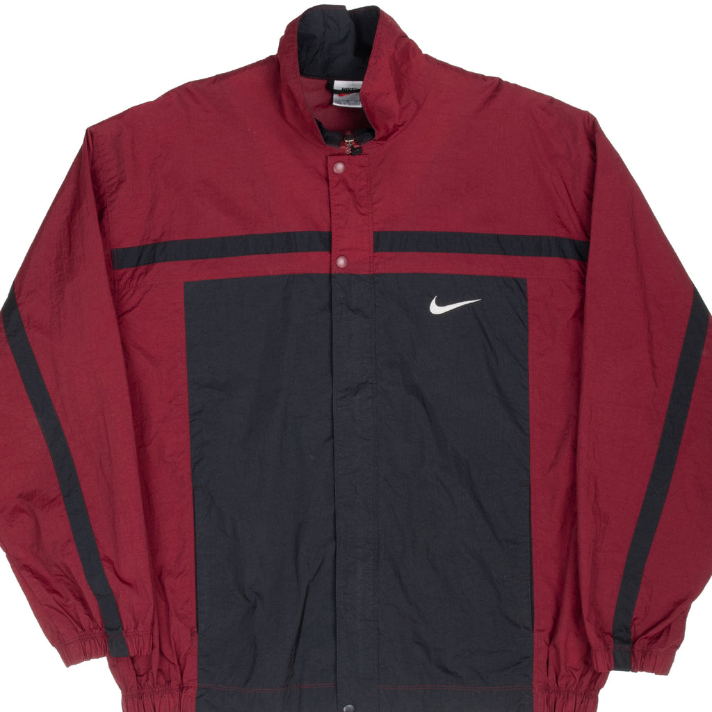 Front of burgundy and black Nike windbreaker with white chest Swoosh