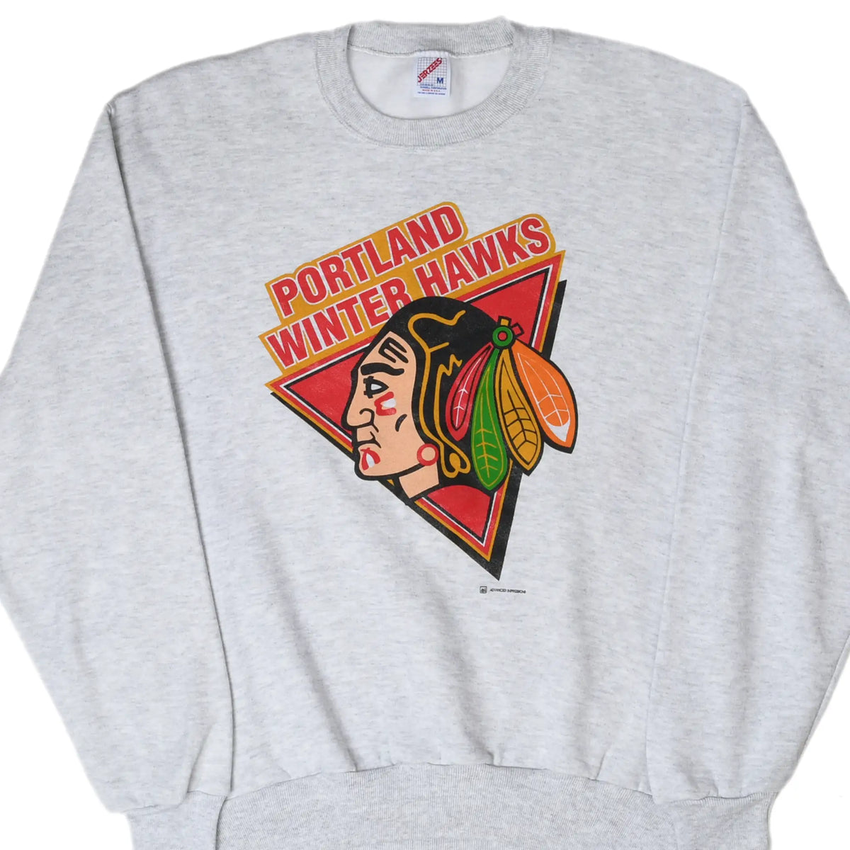 Front of gray Portland Winter Hawks sweatshirt with large multicolor team graphic