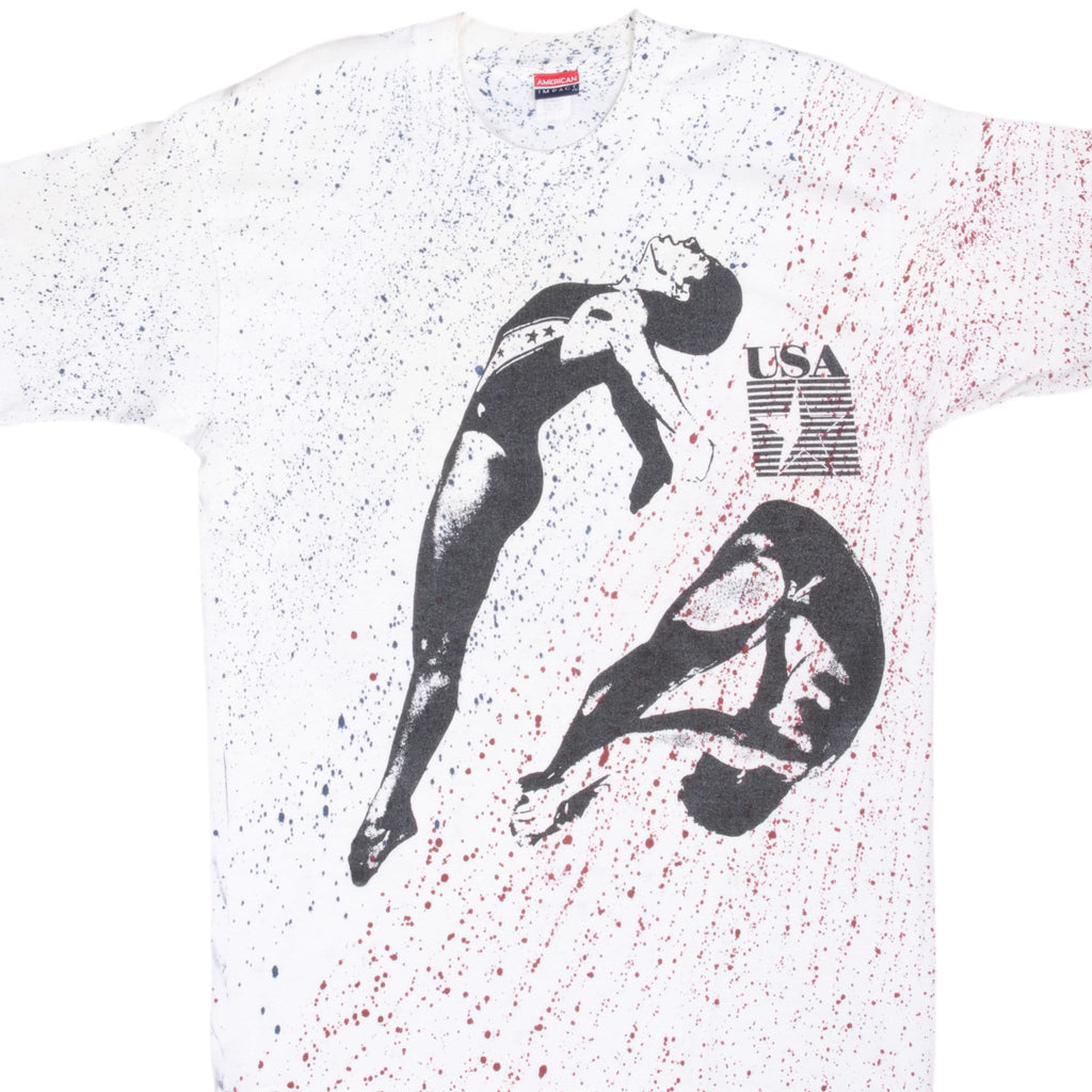 Vintage Olympics Team Usa Diving All Over Print Tee Shirt Size Large Made In Usa With Single Stitch Sleeves