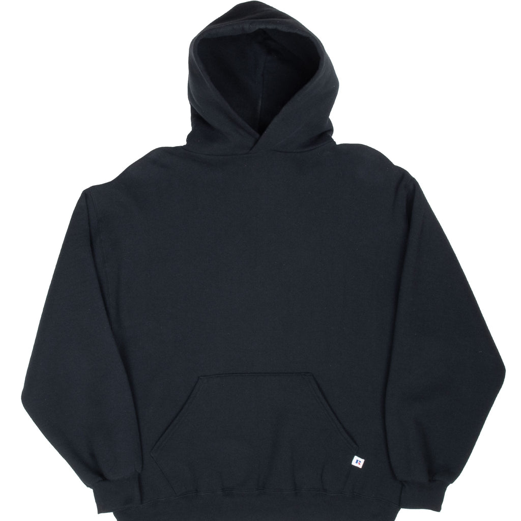 VINTAGE RUSSELL ATHLETIC BLACK BLANK HOODIE SWEATSHIRT 1990S LARGE