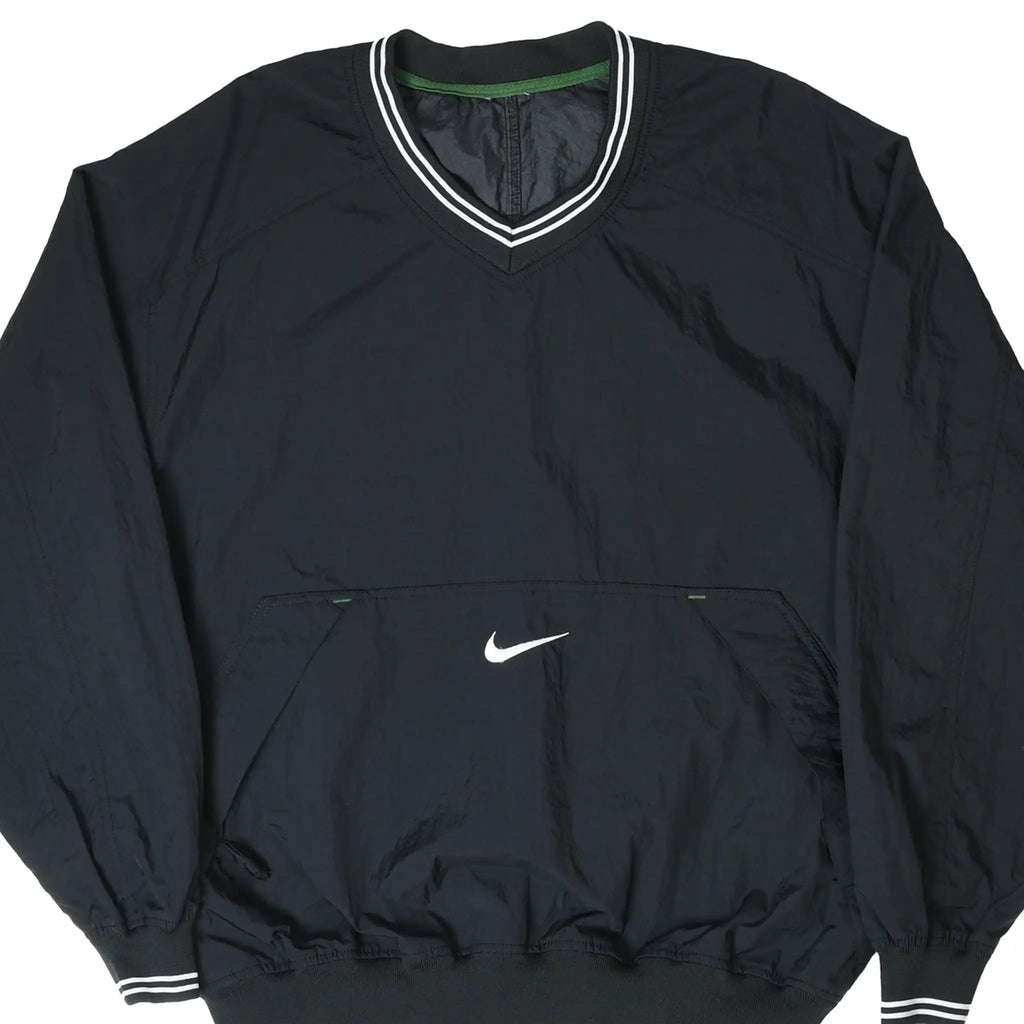 Front of black Nike pullover windbreaker with white center Swoosh and striped V-neck and cuffs