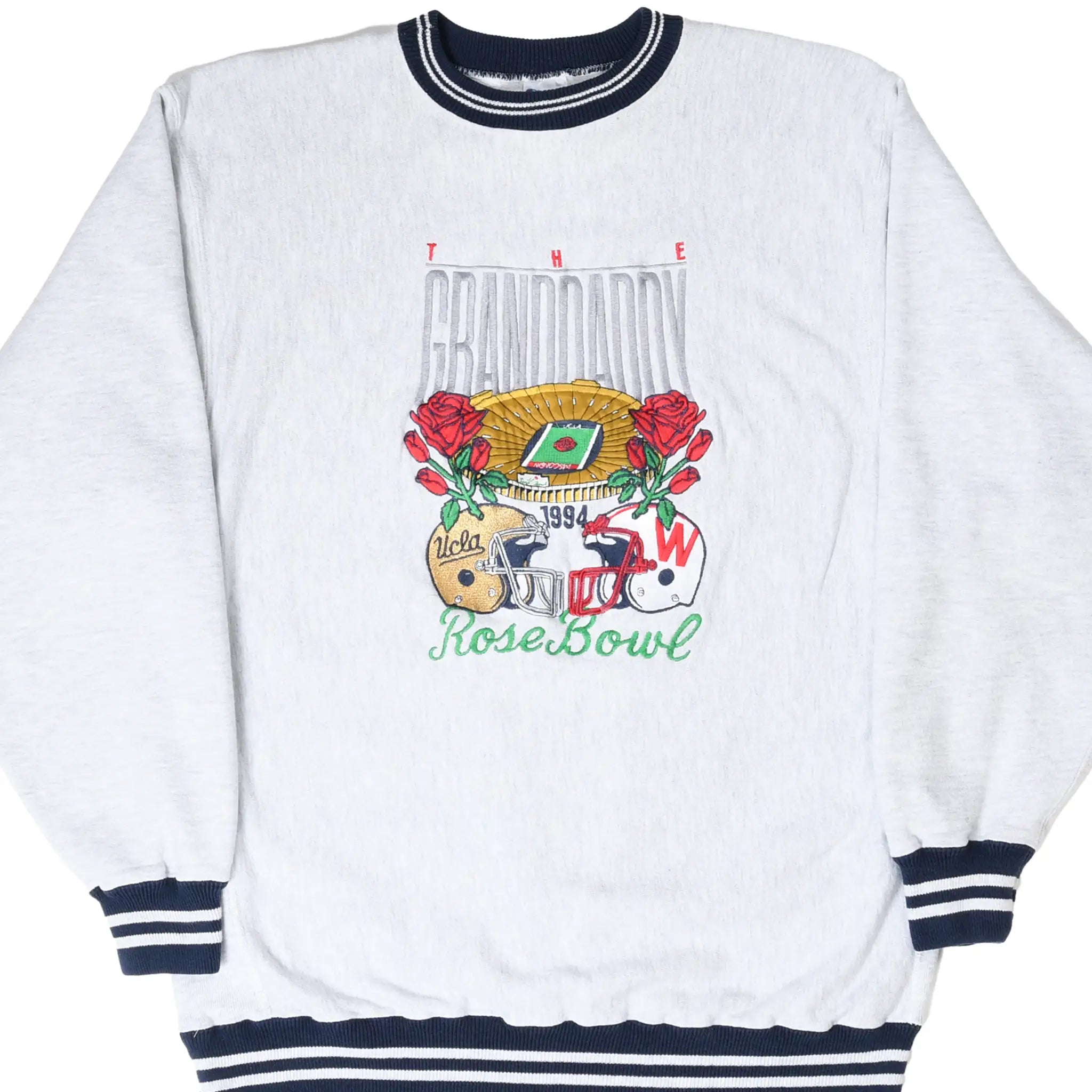 Front of gray Champion Reverse Weave sweatshirt with embroidered 1994 UCLA-Wisconsin Rose Bowl graphic
