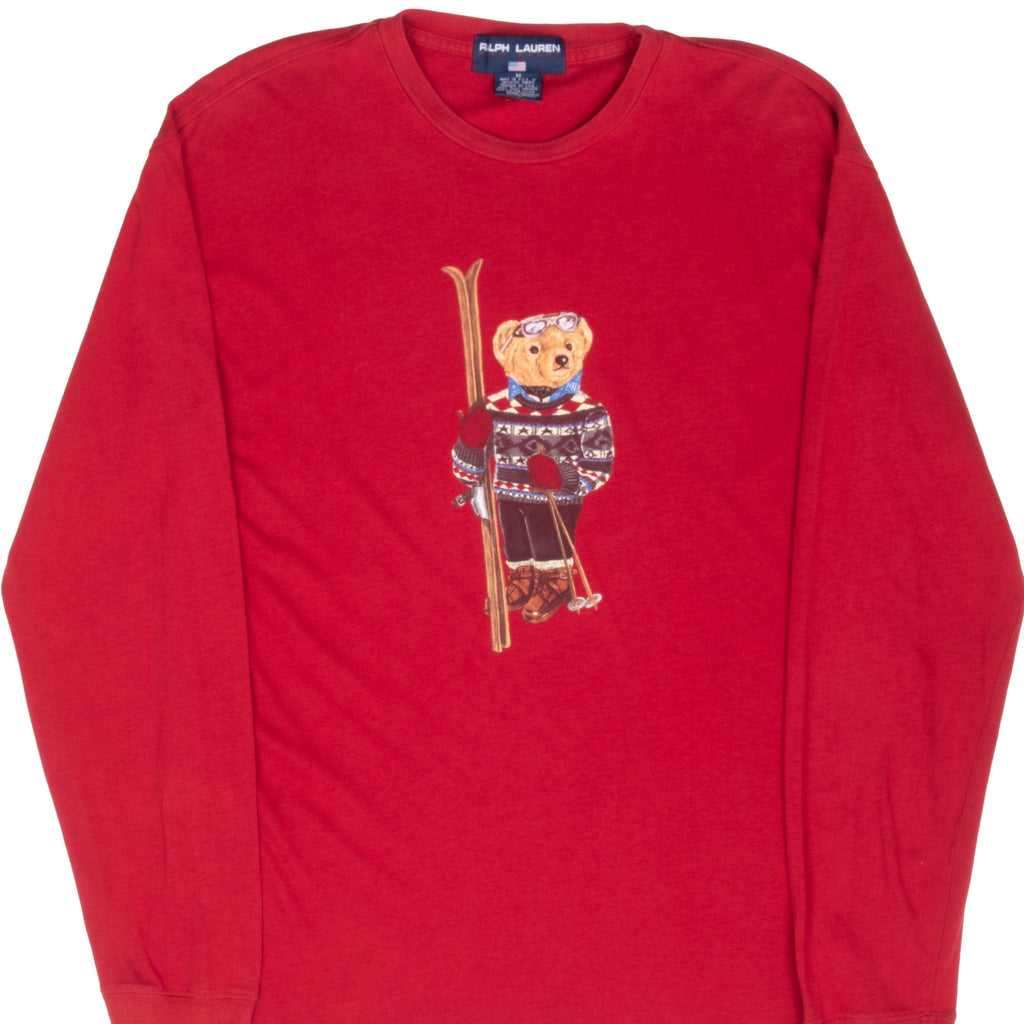 Vintage Polo Ski Bear Ralph Lauren Long Sleeve Red Tee Shirt Size Medium