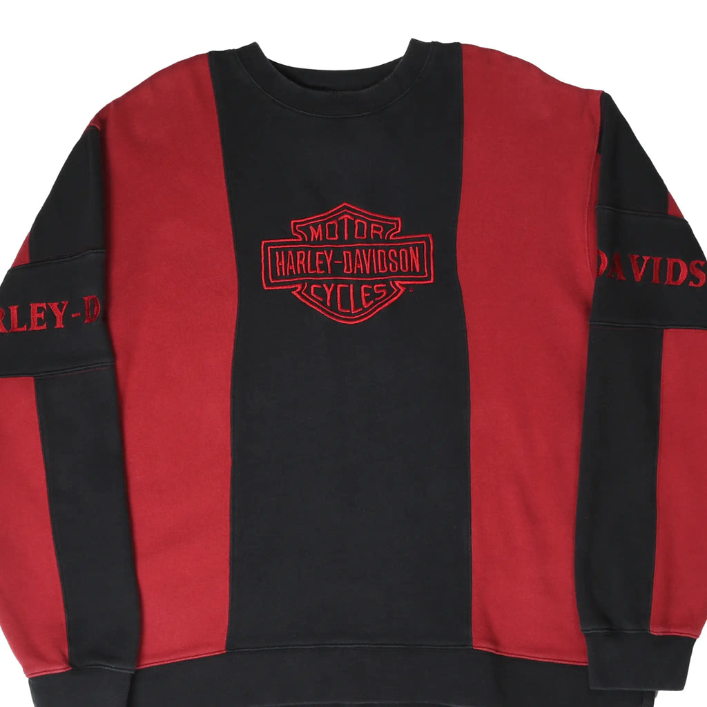 Front of black and red Harley-Davidson sweatshirt with embroidered chest and sleeve logos