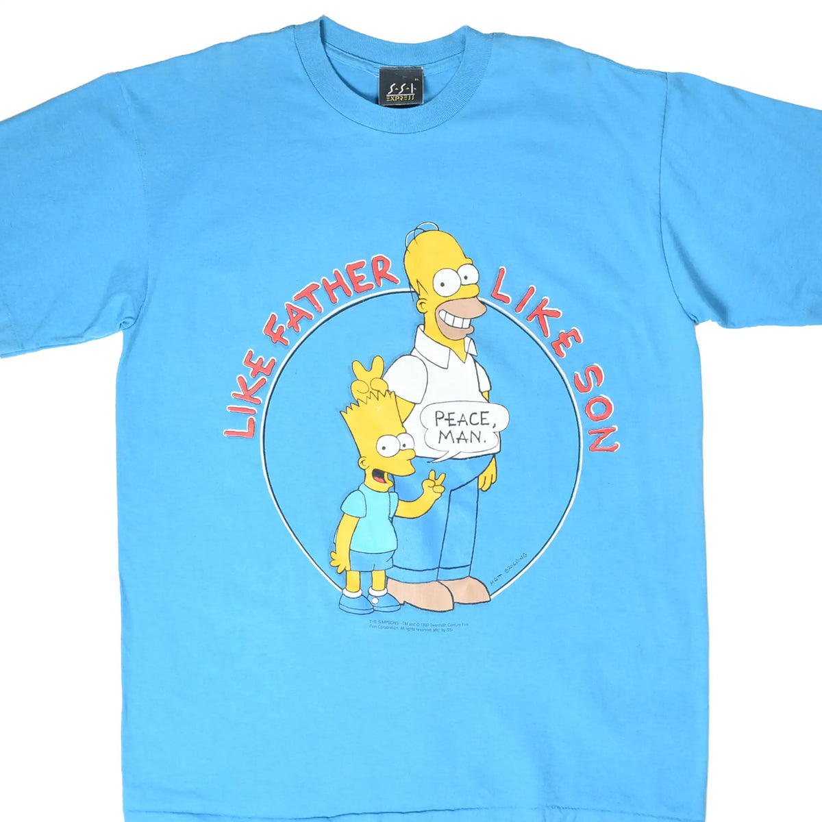 Front of blue Simpsons T-shirt with Bart, Homer, and Like Father Like Son graphic