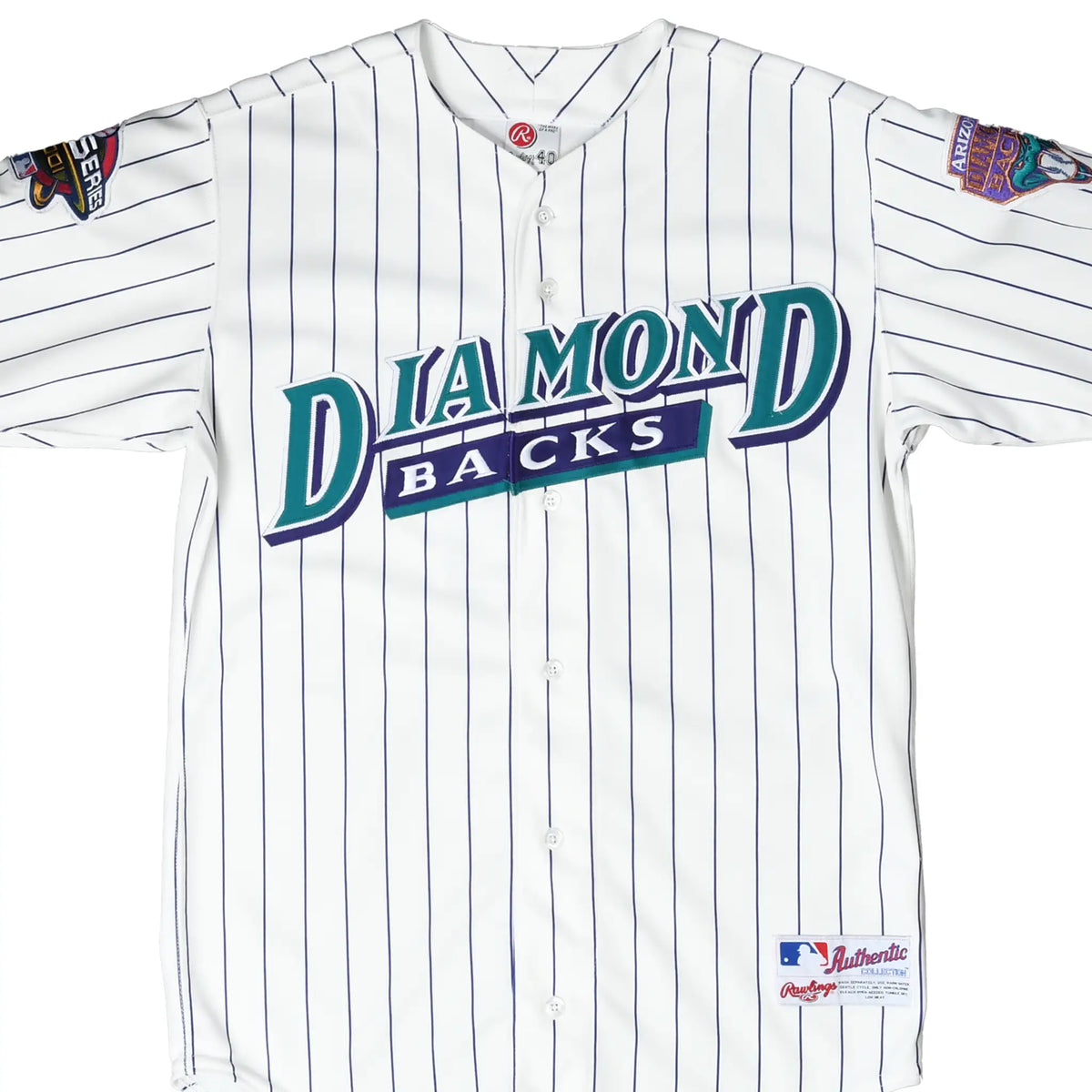 Front of white pinstriped Arizona Diamondbacks Rawlings jersey with chest logo and sleeve patches