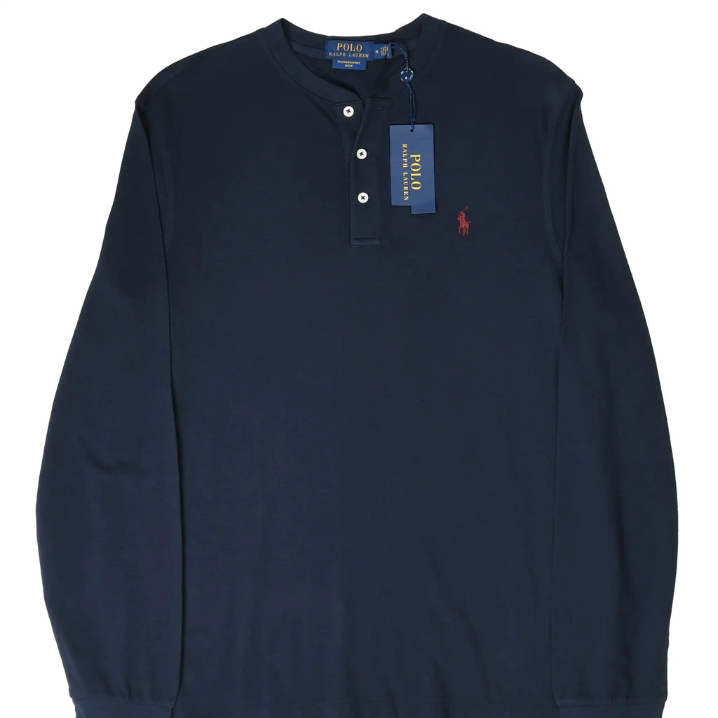 Front of navy Polo Ralph Lauren long-sleeve Henley with red pony embroidery and hangtag