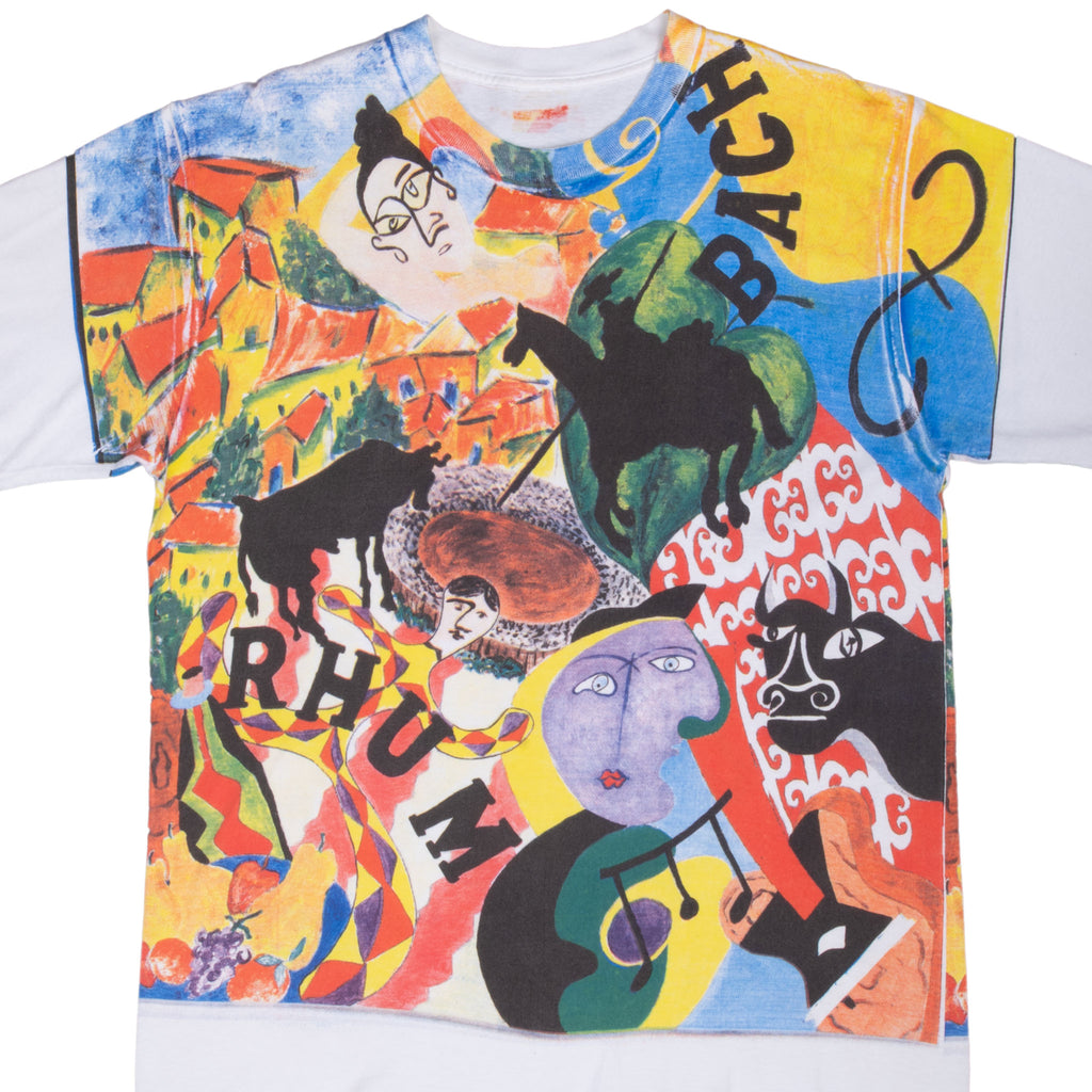 Vintage Rhum Bach Picasso Style All Over Print Art Tee Shirt 1990S Size XL With Single Stitch Sleeves

Size Tag Missing