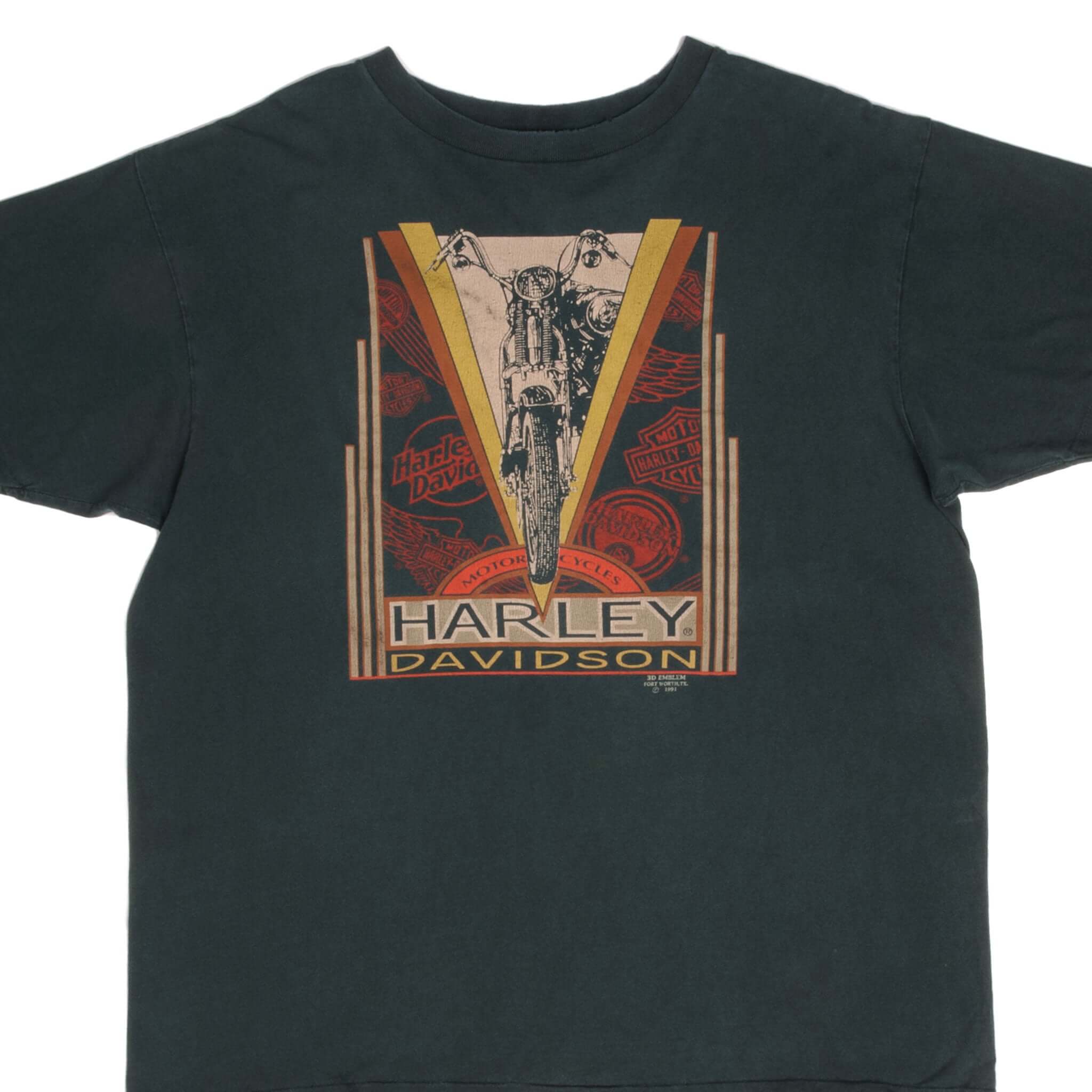 Vintage Green Harley Davidson 3D Emblem Tee Shirt 1991 Size XL Made In USA With Single Stitch Sleeves