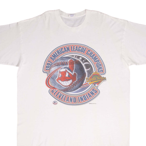 Vintage MLB Cleveland Indians American League Champions World Series 1997 Tee Shirt Size XL Made In USA With Single Stitch Sleeves