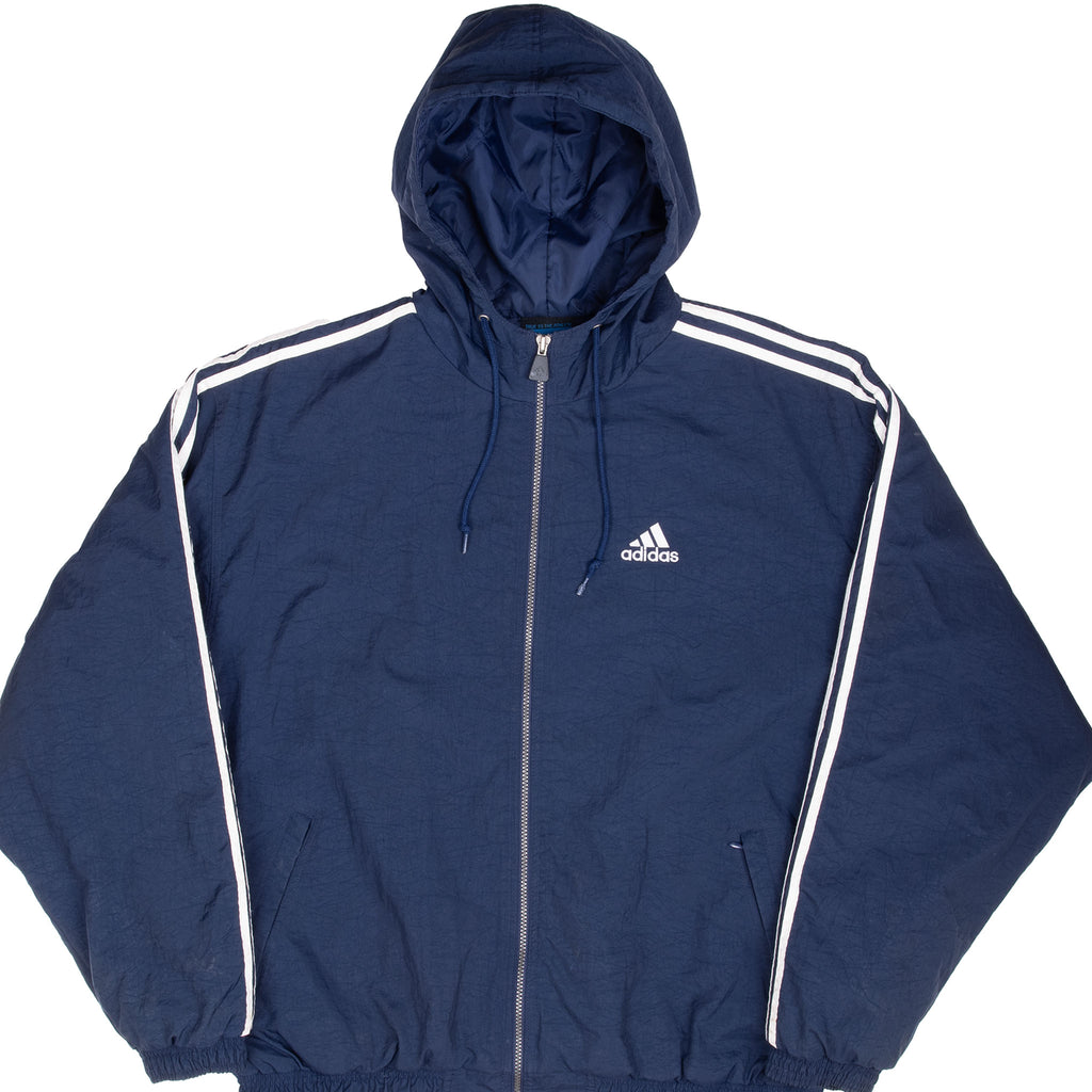 Vintage Adidas Blue Nylon Windbreaker Hooded Jacket 1990S Size XL