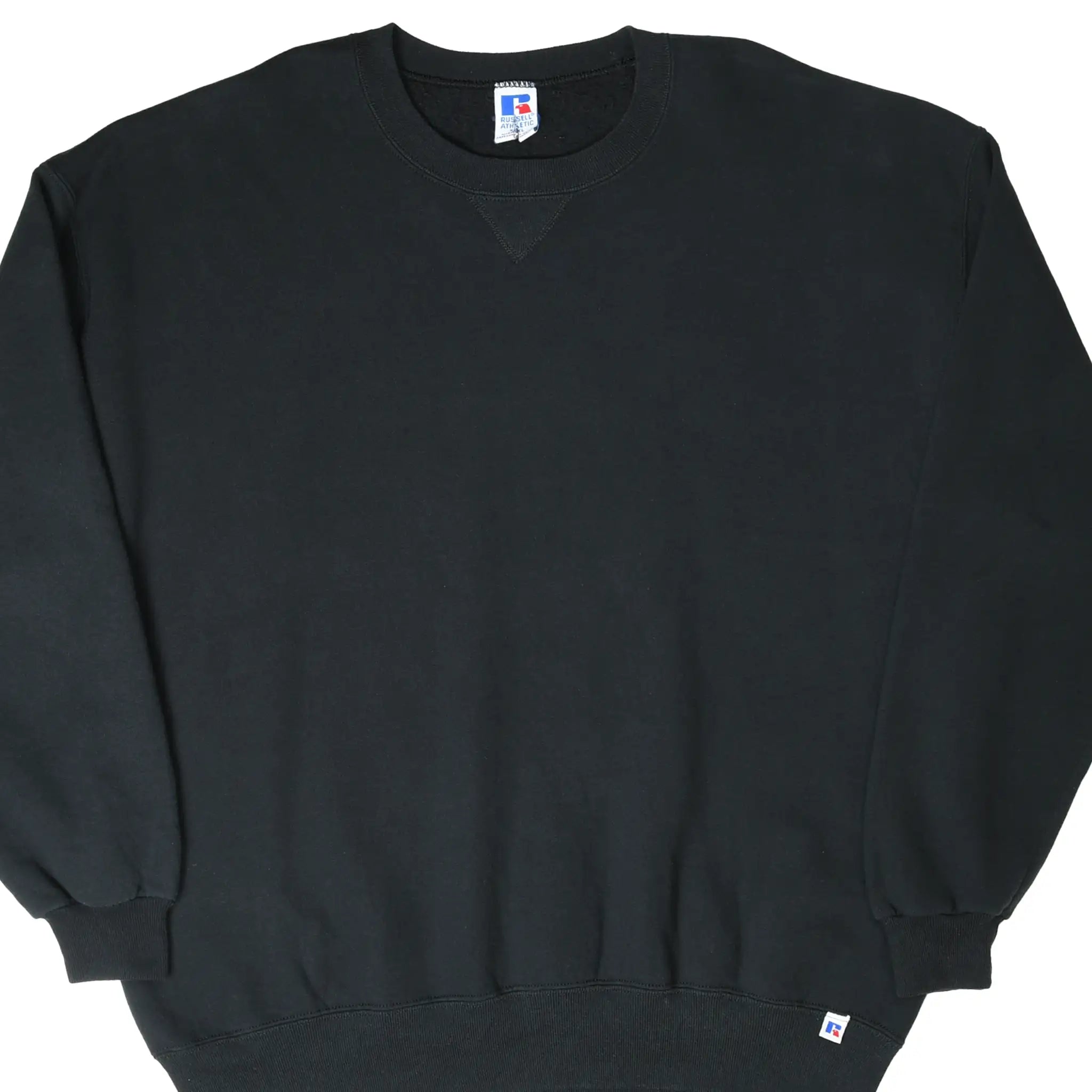 Front of black Russell Athletic blank crewneck sweatshirt with ribbed cuffs and hem