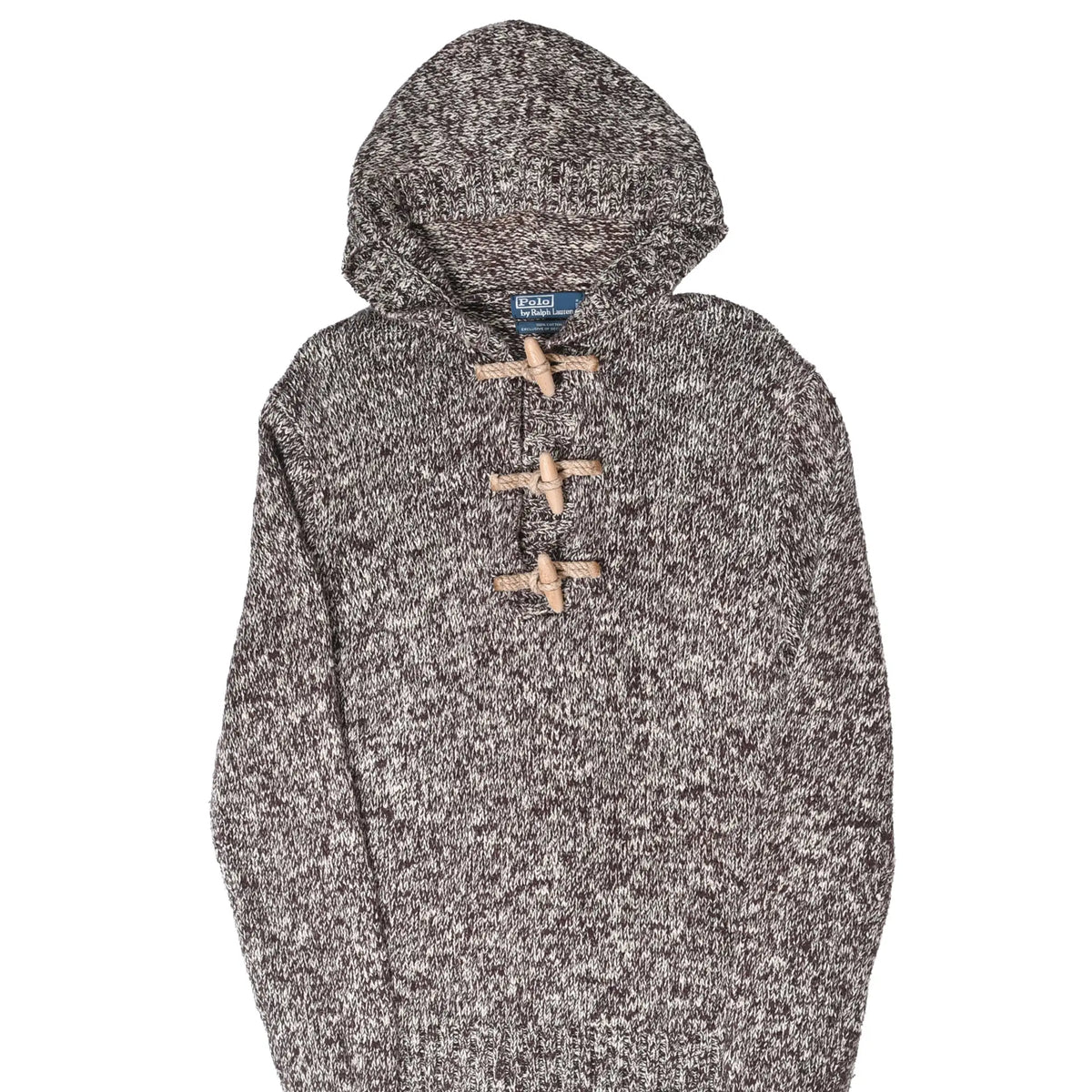 Front upper view of Polo Ralph Lauren brown and beige marled knit hoodie with three wooden toggles