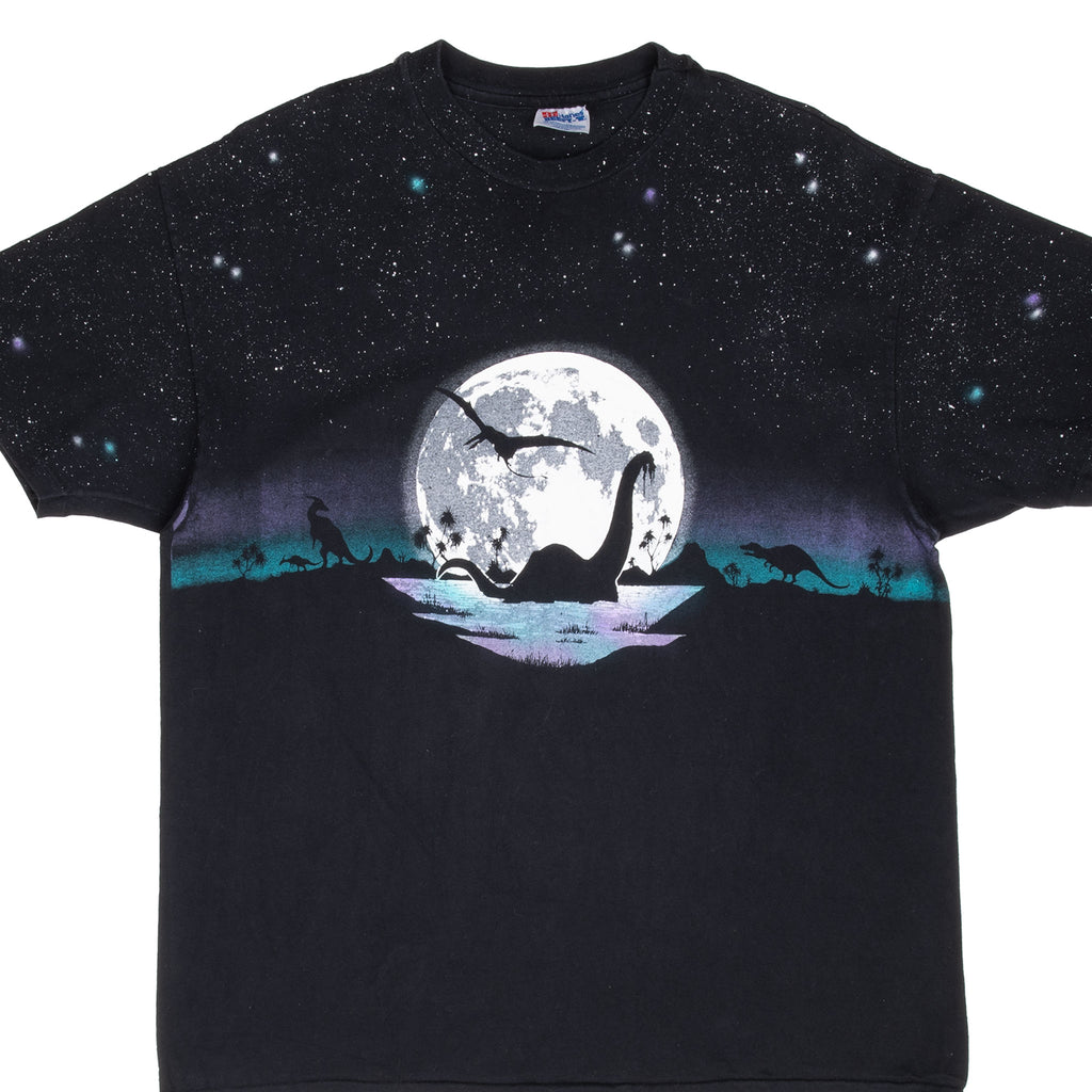 Vintage Dinosaur Moon Graphic All Over Print Tee Shirt 1990S Size XL Made In Usa
