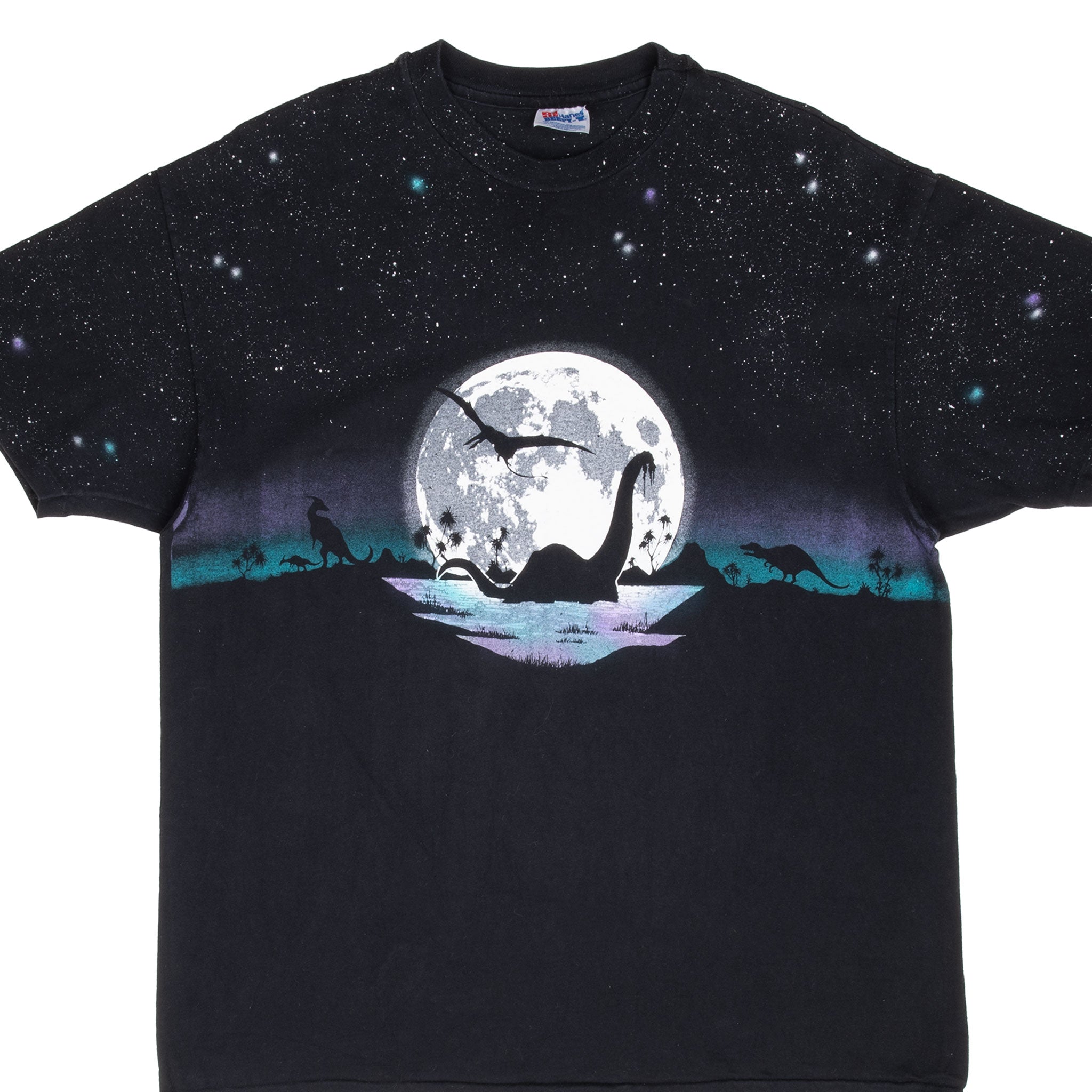 Vintage Dinosaur Moon Graphic All Over Print Tee Shirt 1990S Size XL Made In Usa