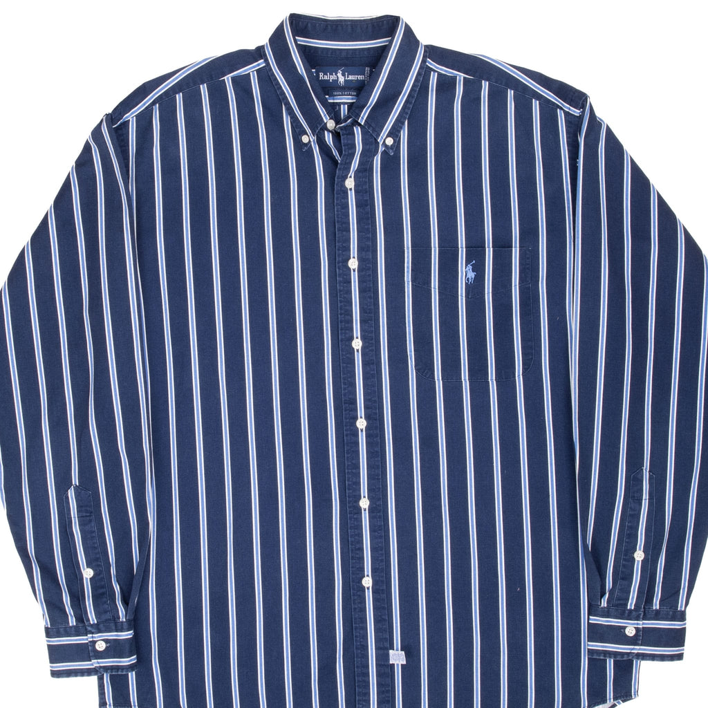 VINTAGE POLO RALPH LAUREN BLUE WHITE STRIPED SHIRT 1990S MEDIUM