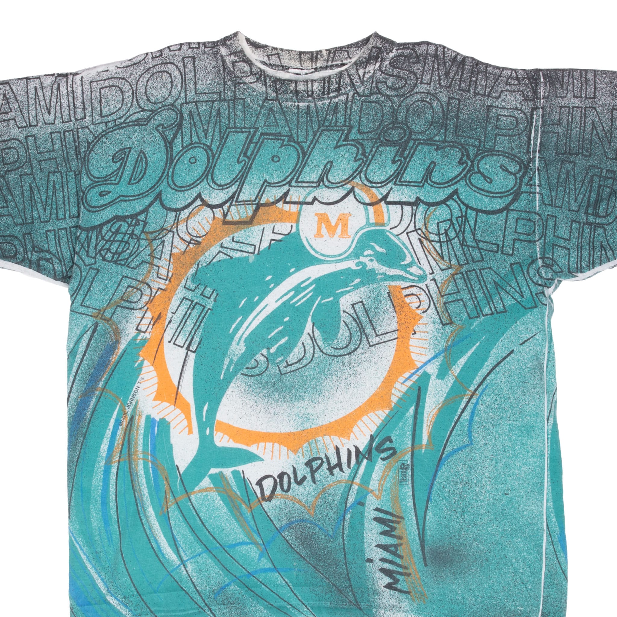 VINTAGE ALL OVER PRINT NFL MIAMI DOLPHINS TEE SHIRT 1990S SIZE 2XL