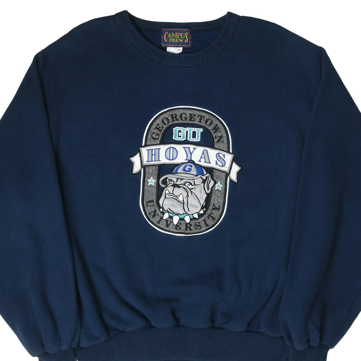 Front of navy Georgetown Hoyas sweatshirt with embroidered bulldog crest