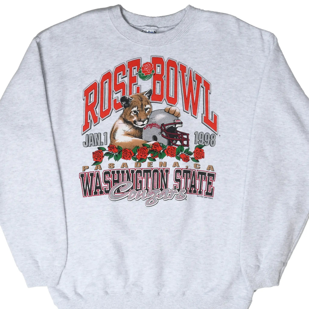 Front of gray Washington State Cougars 1998 Rose Bowl sweatshirt with cougar, helmet, and roses graphic