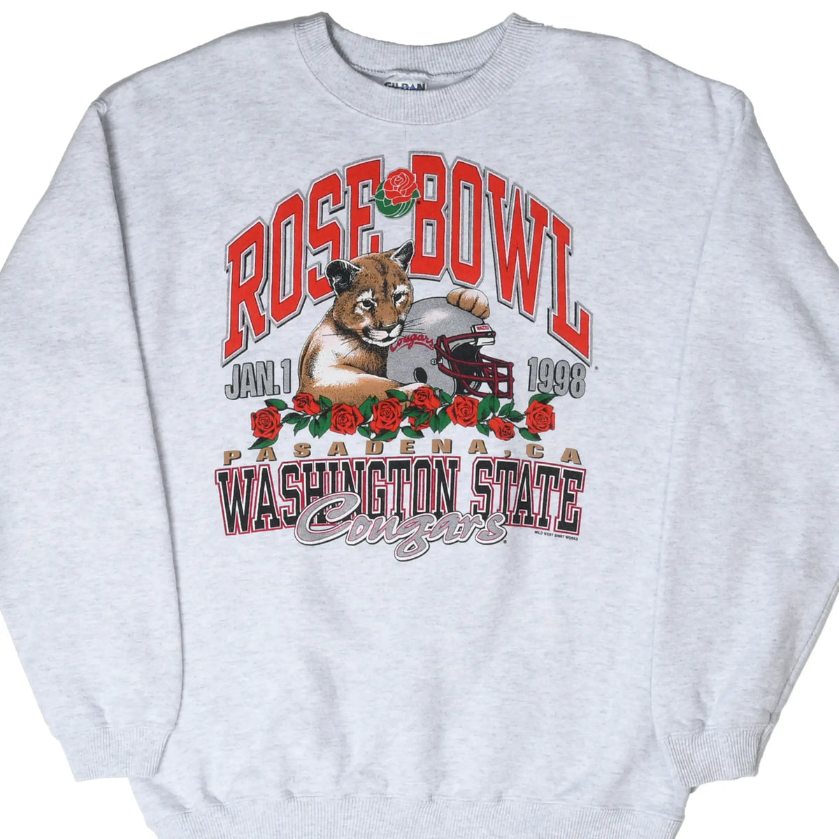 Front of gray Washington State Cougars 1998 Rose Bowl sweatshirt with cougar, helmet, and roses graphic