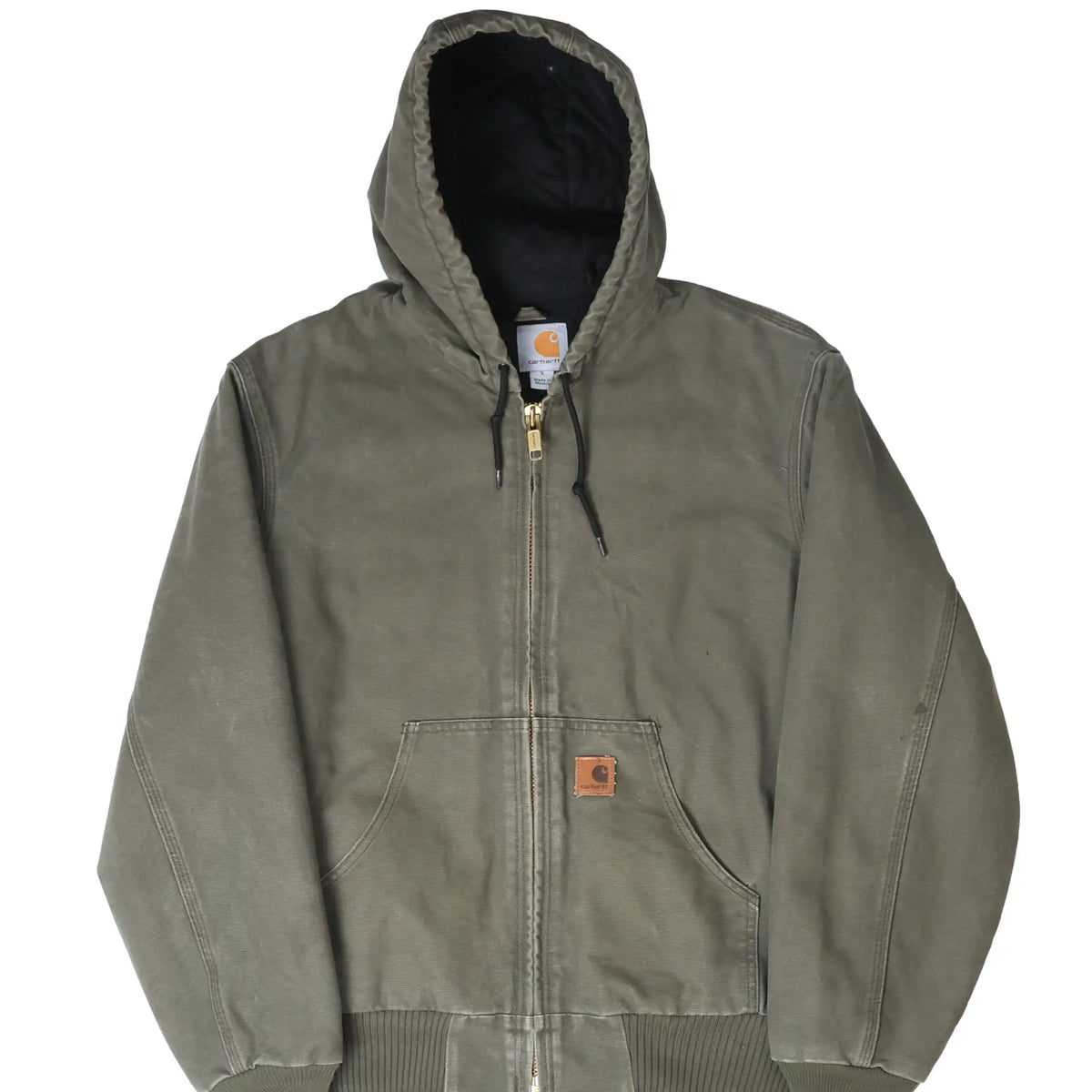 Front of green Carhartt hooded active jacket with zipper, drawcords, and split pouch pockets