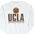 Front detail of white UCLA Bruins sweatshirt with bear mascot and navy-and-gold print