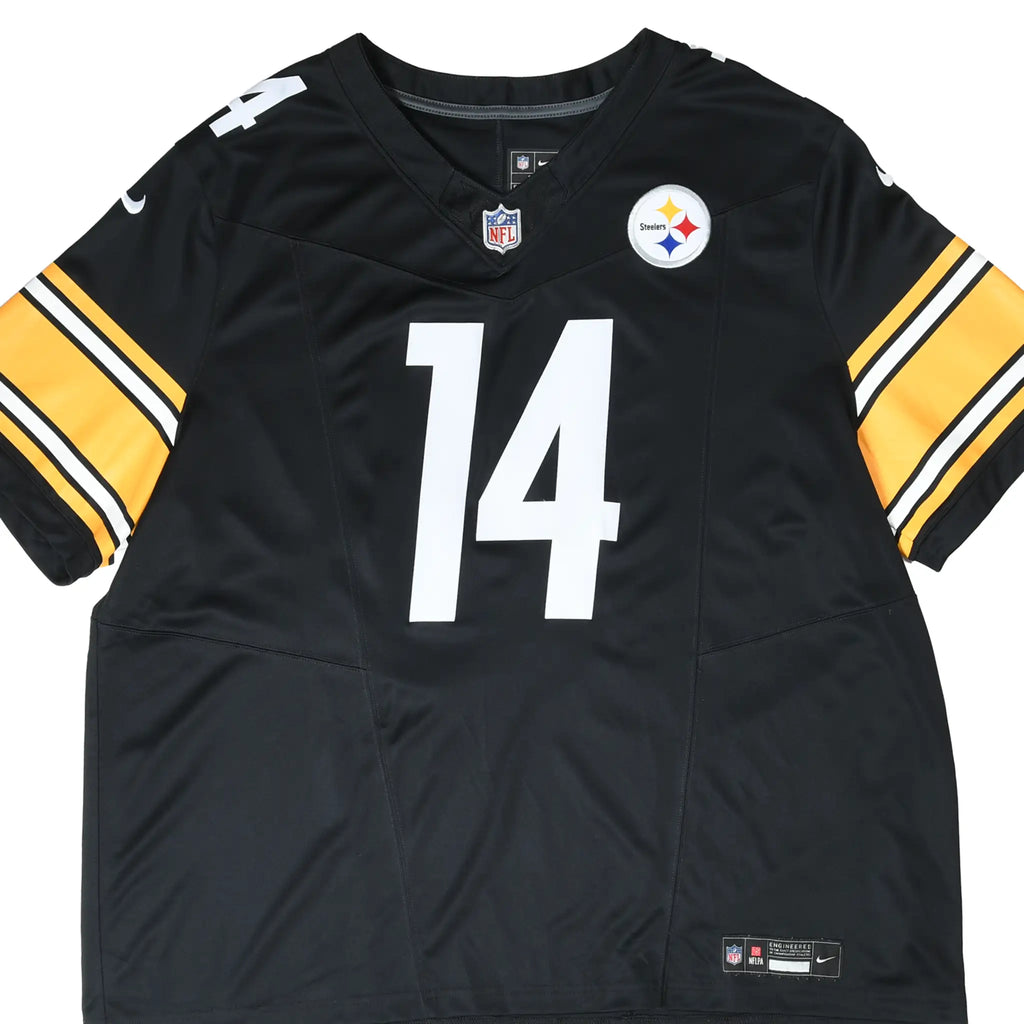 Front of black Nike Pittsburgh Steelers #14 jersey with white number and yellow striped sleeves