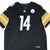 Front of black Nike Pittsburgh Steelers #14 jersey with white number and yellow striped sleeves