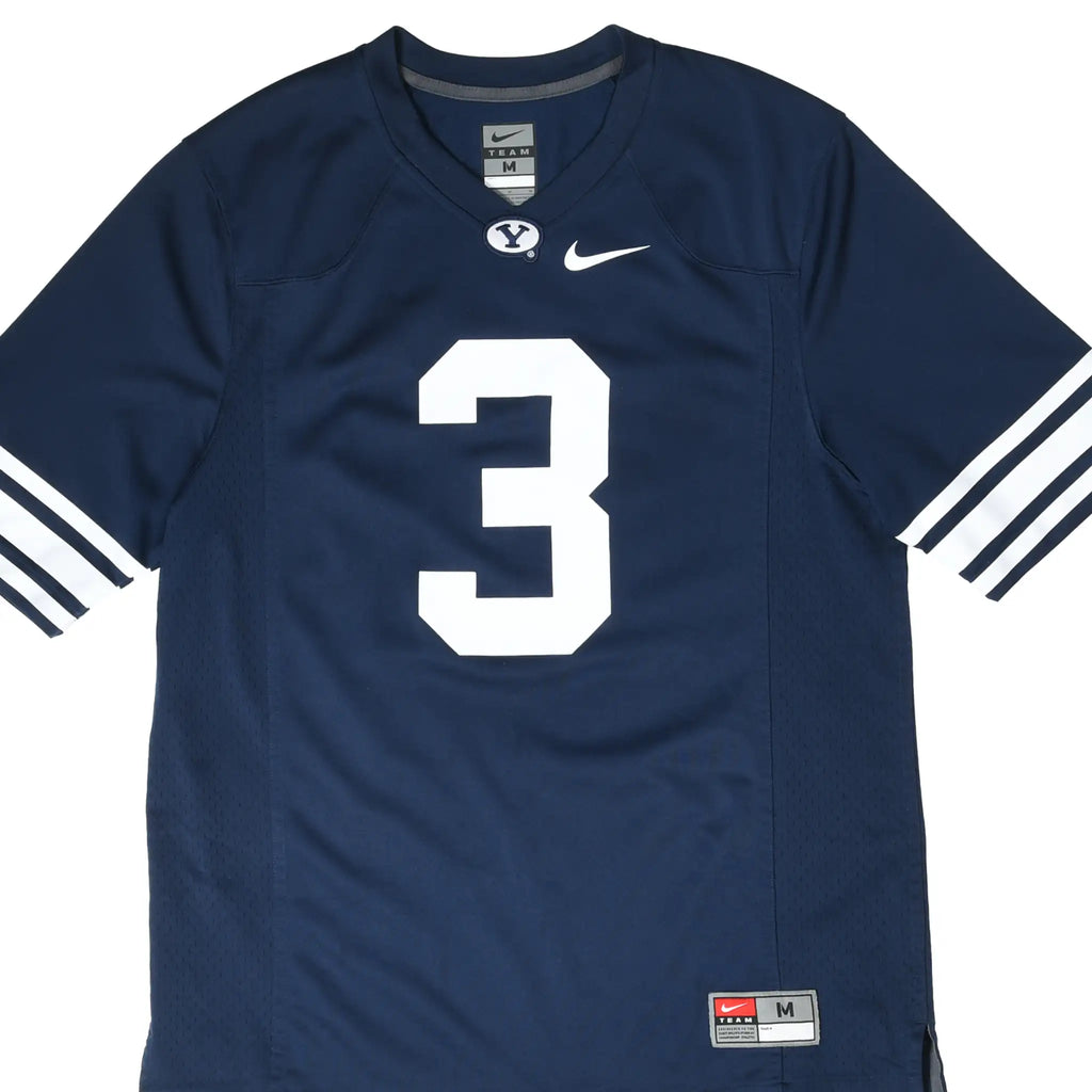 Front of navy Nike BYU Cougars football jersey with white number 3 and striped sleeves