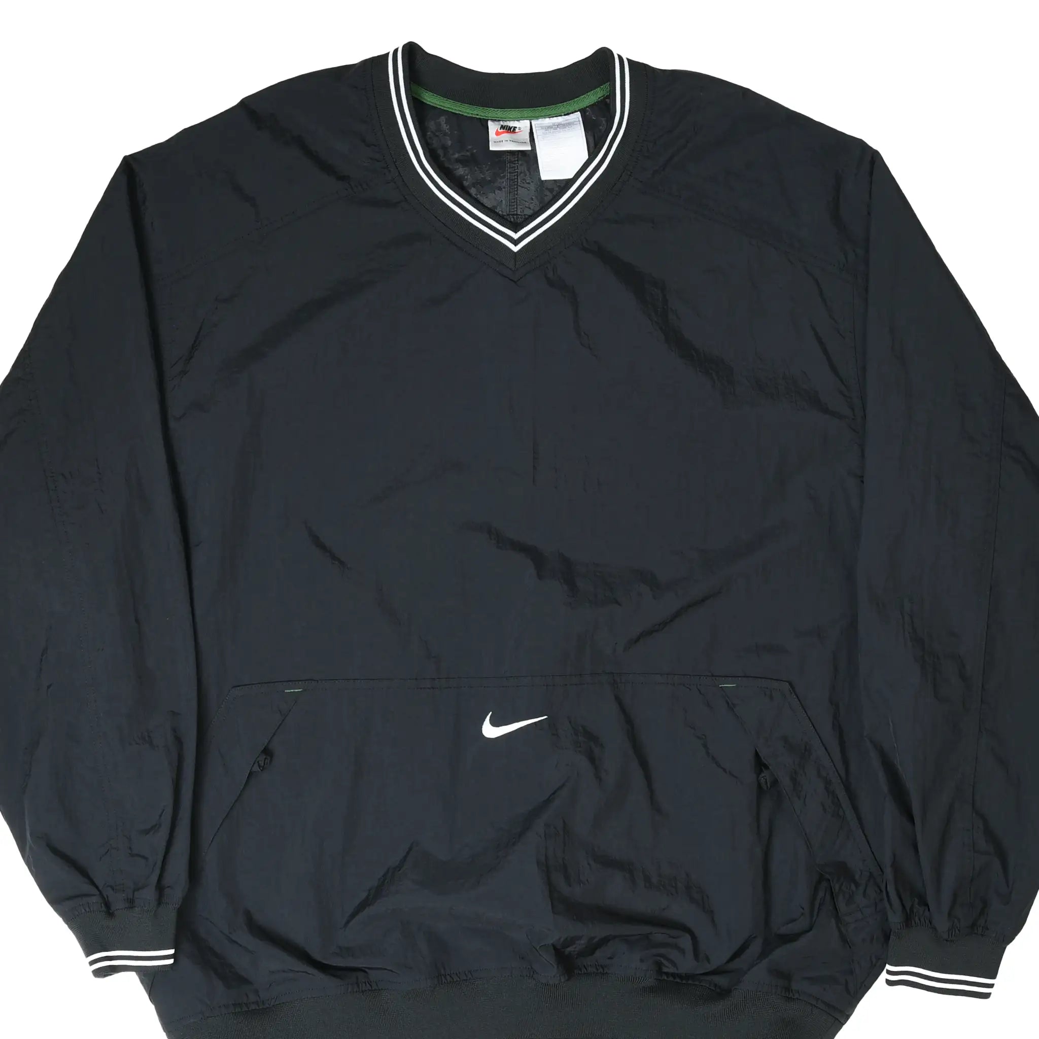 Front of black Nike pullover windbreaker with white center Swoosh and striped V-neck