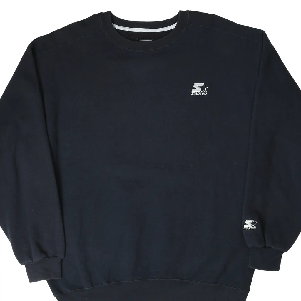 Front of black Starter crewneck sweatshirt with chest and sleeve logo embroidery