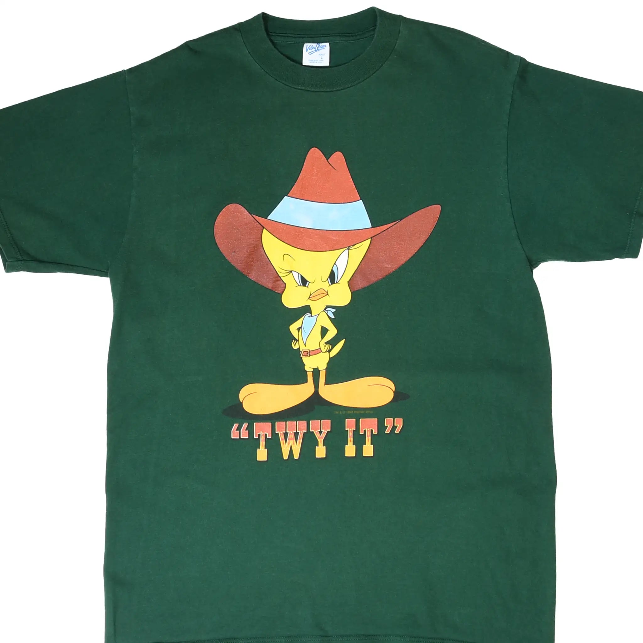 Front of dark green Looney Tunes T-shirt with cowboy Tweety and “TWY IT” graphic