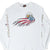 Front of white Harley-Davidson long-sleeve tee with bald eagle and flowing American flag graphic