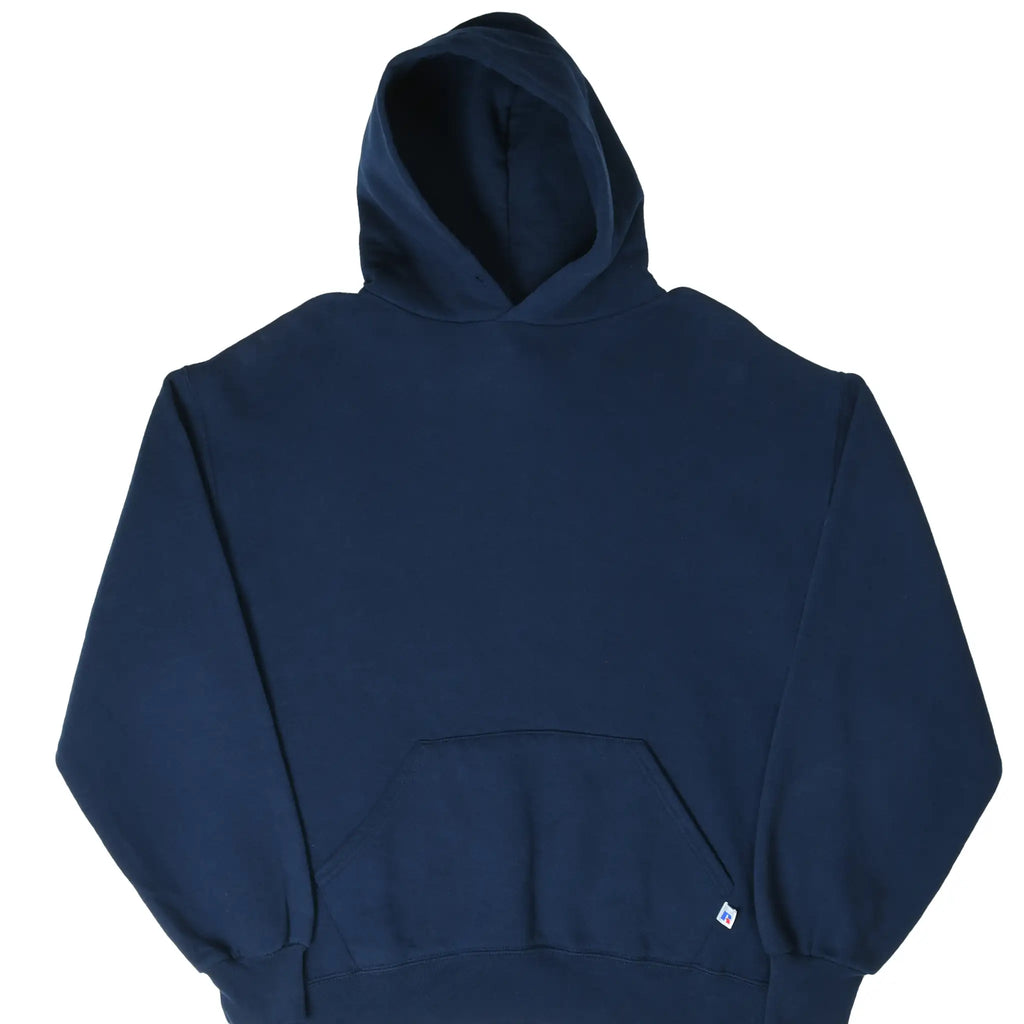 Front of navy blue Russell Athletic blank pullover hoodie with kangaroo pocket
