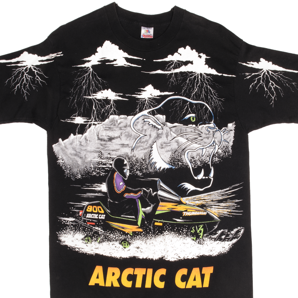 Vintage All Over Print Arctic Cat Snow Mobile Tee Shirt 1990S Size Medium Made In USA With Single Stitch Sleeves