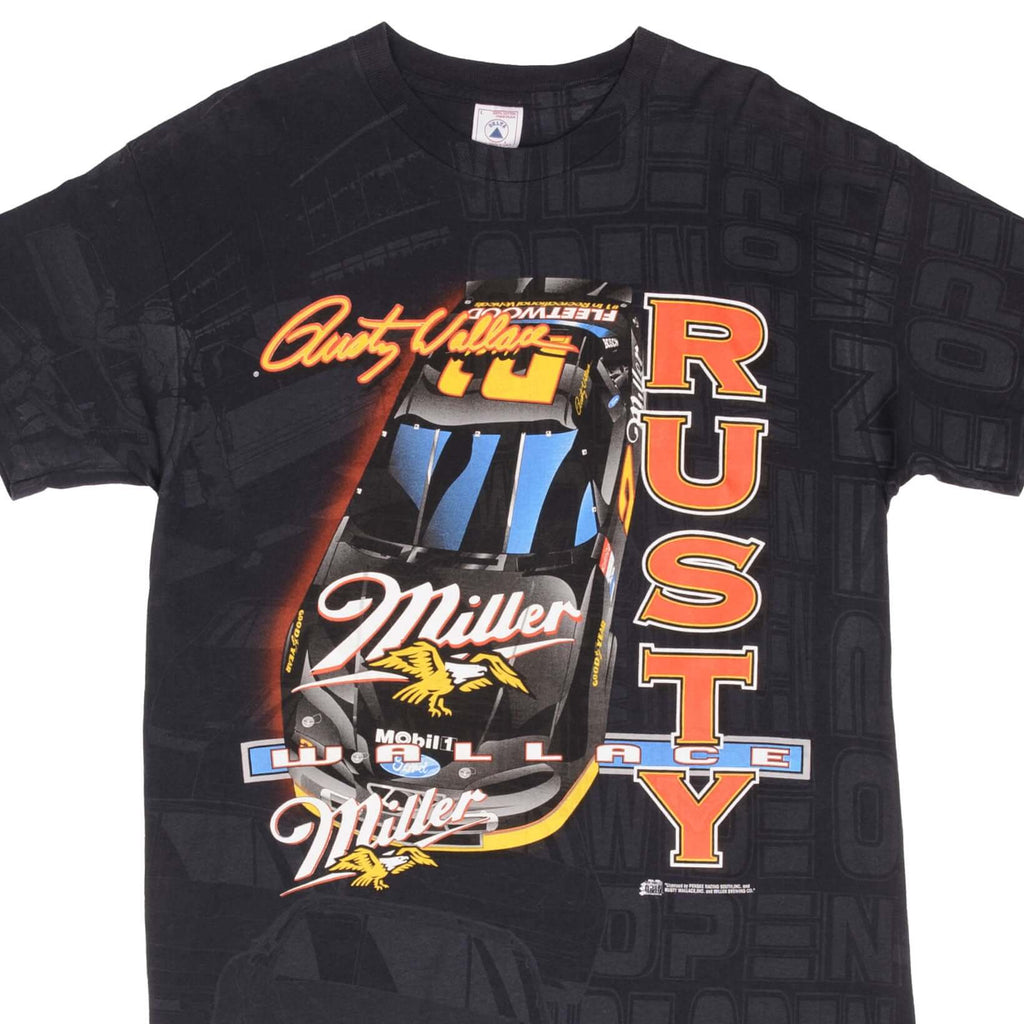 Vintage Nascar All Over Print Rusty Wallace Miller 1990S Tee Shirt Size Large Made In USA