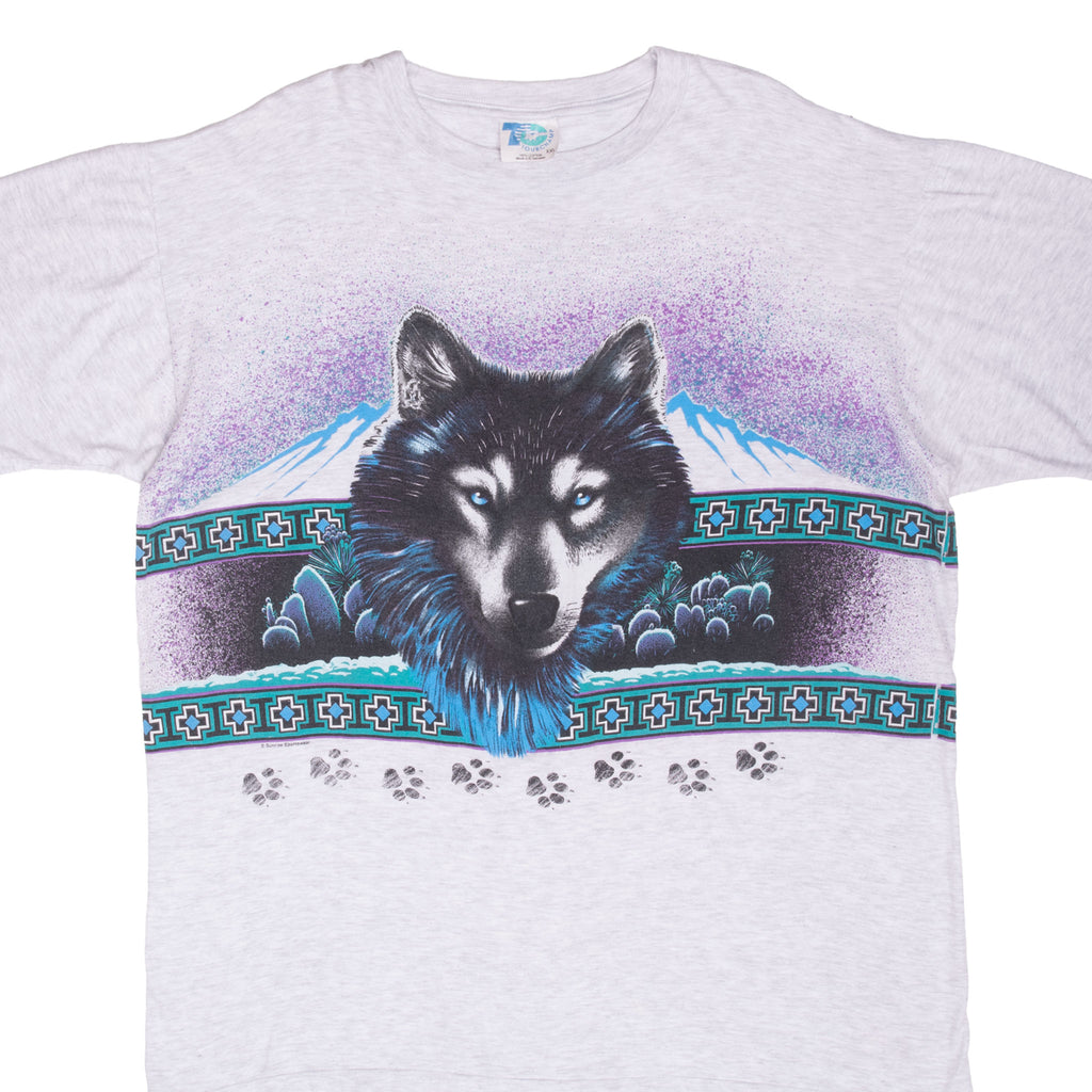 Vintage Wolf Animal Print Grey Tee Shirt 1990S Size 2XL With Single Stitch Sleeves