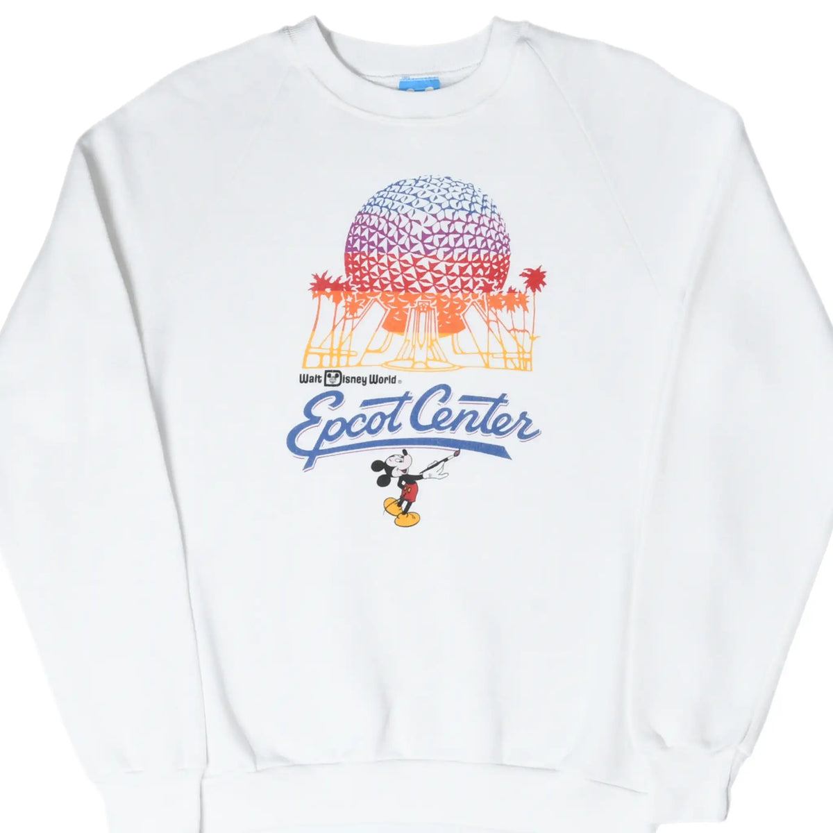 Front of white Walt Disney World Epcot Center sweatshirt with Spaceship Earth and Mickey Mouse graphic